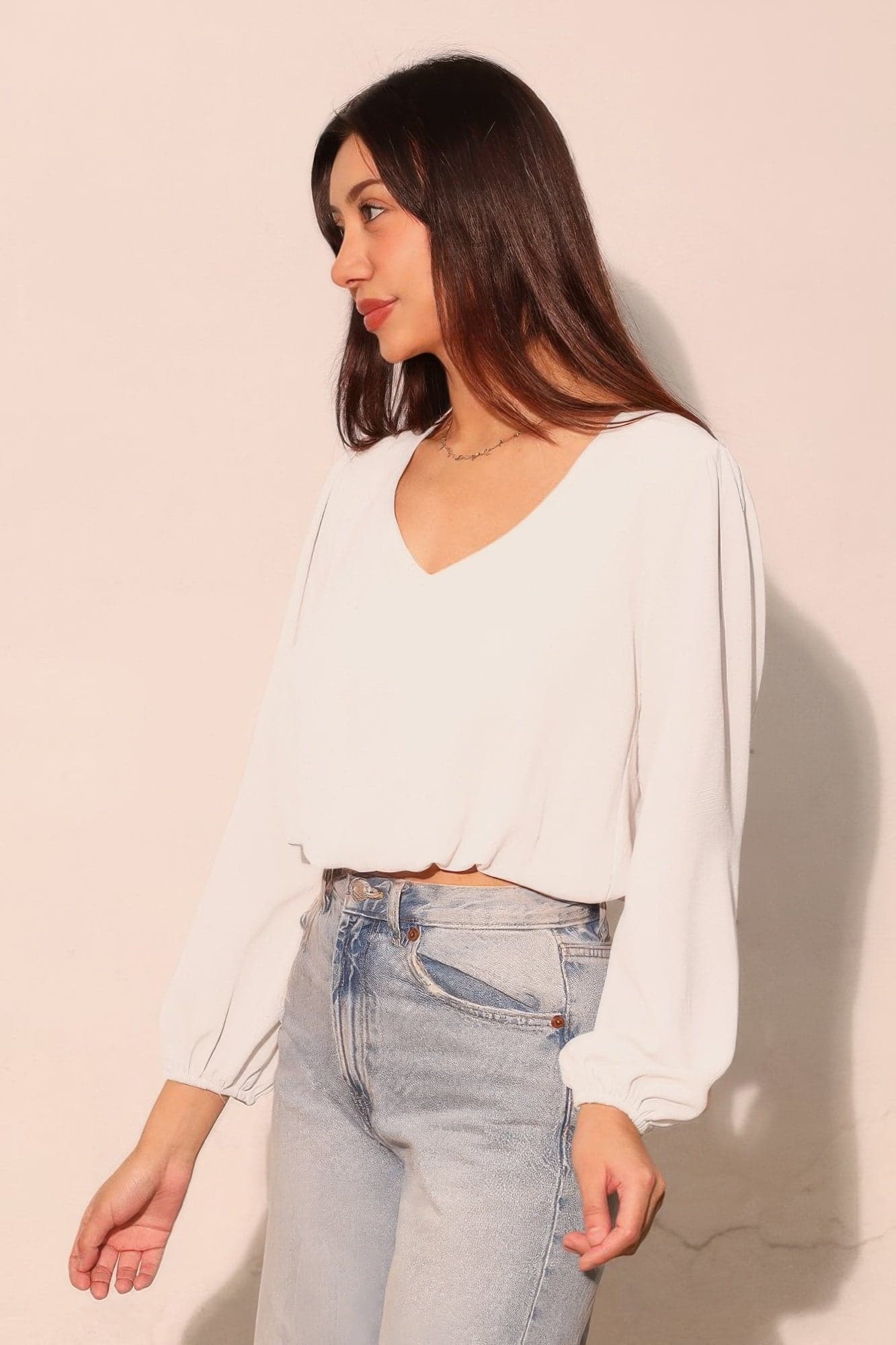 Textured Solid Long Sleeve Crop Top - S - Thumbnail 2