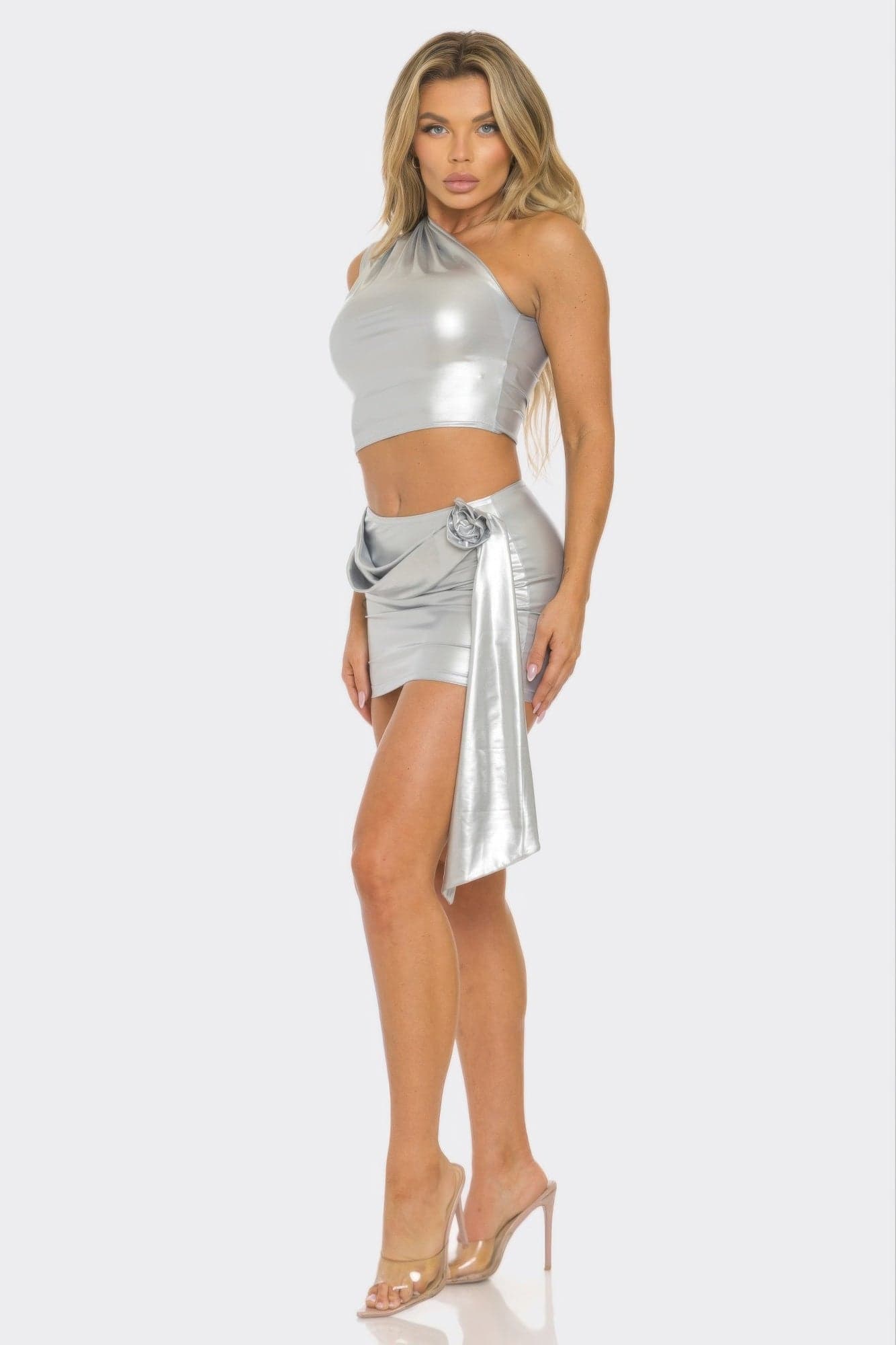 Metallic One Shoulder Crop Top Set - Silver / M - Thumbnail 4