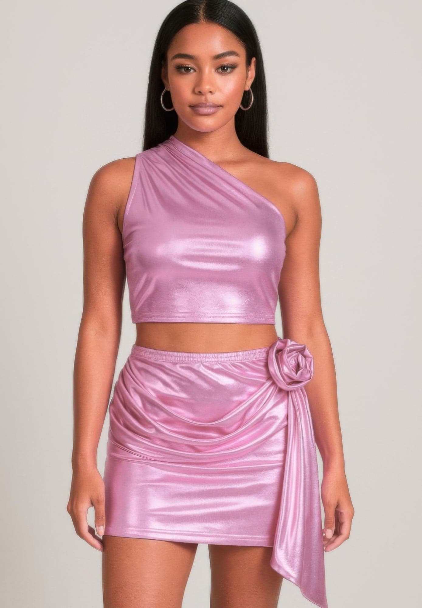 Metallic One Shoulder Crop Top Set - Silver / L - Thumbnail 7