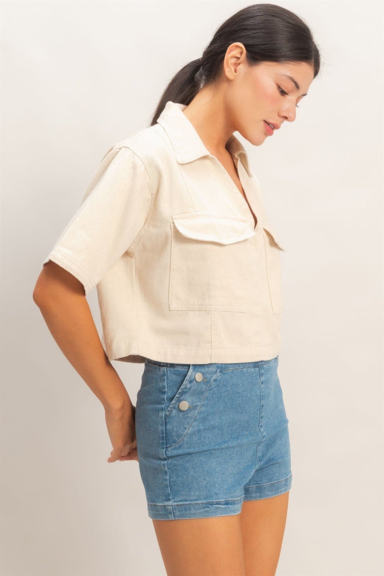 Collared V-neck Top - Black / S - Thumbnail 11