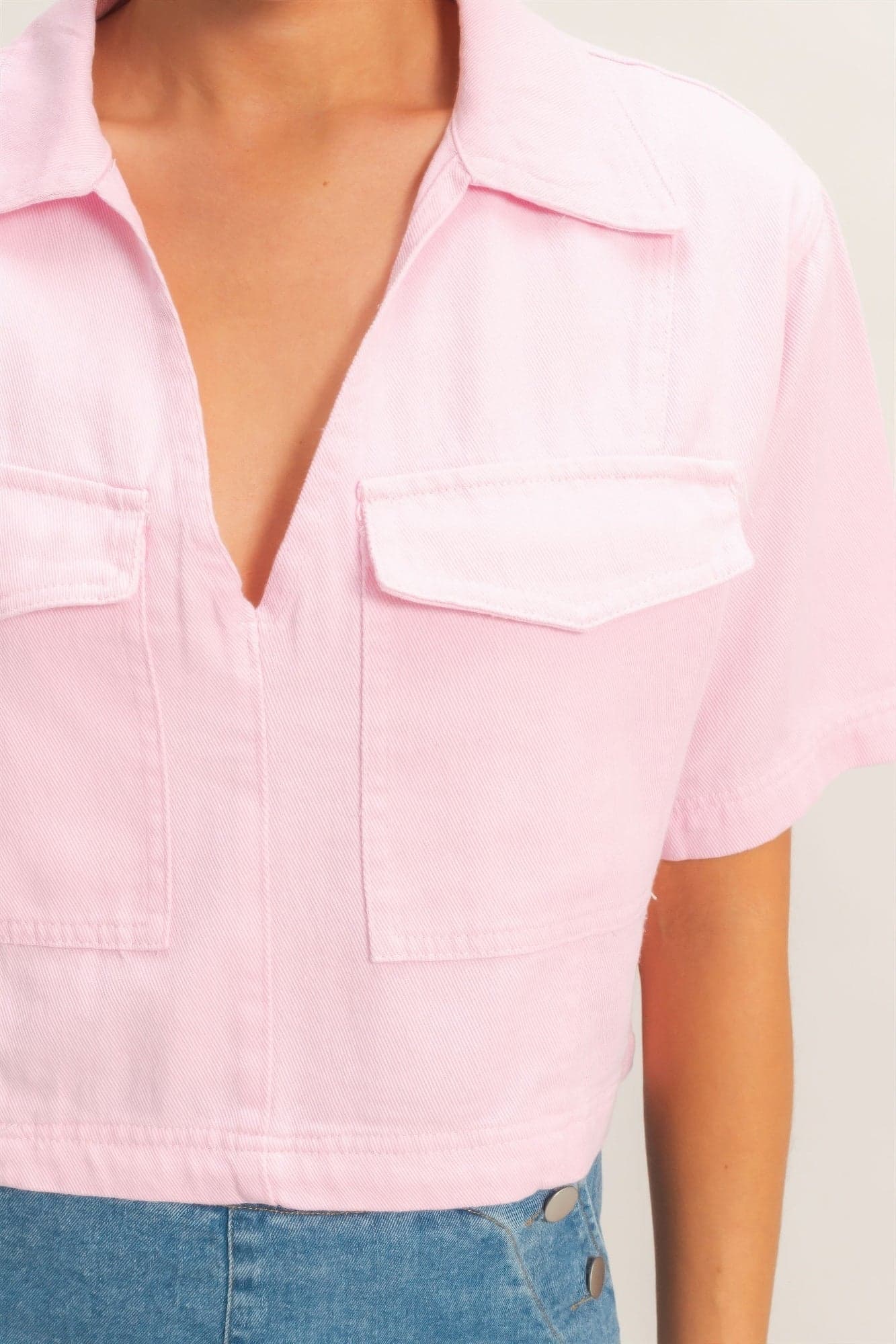 Collared V-neck Top - Light pink / M - Thumbnail 17