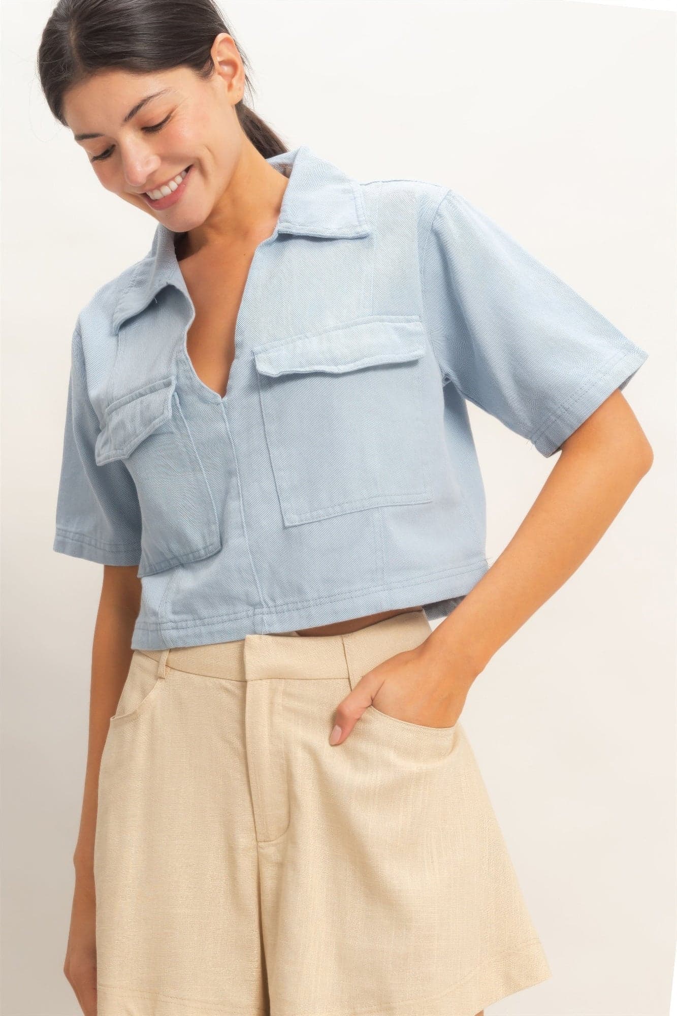 Collared V-neck Top - Sage / S - Thumbnail 3