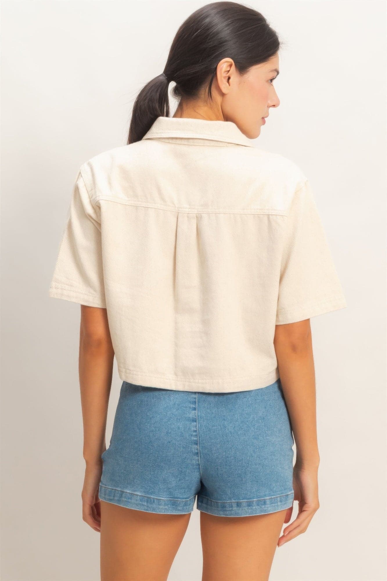 Collared V-neck Top - Oatmeal / M - Thumbnail 12