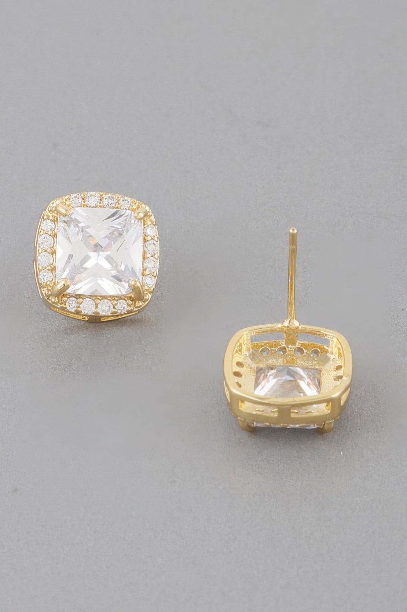 Embedded Cubic Rhinestone Stud Earrings - Gold Clear - Thumbnail 3