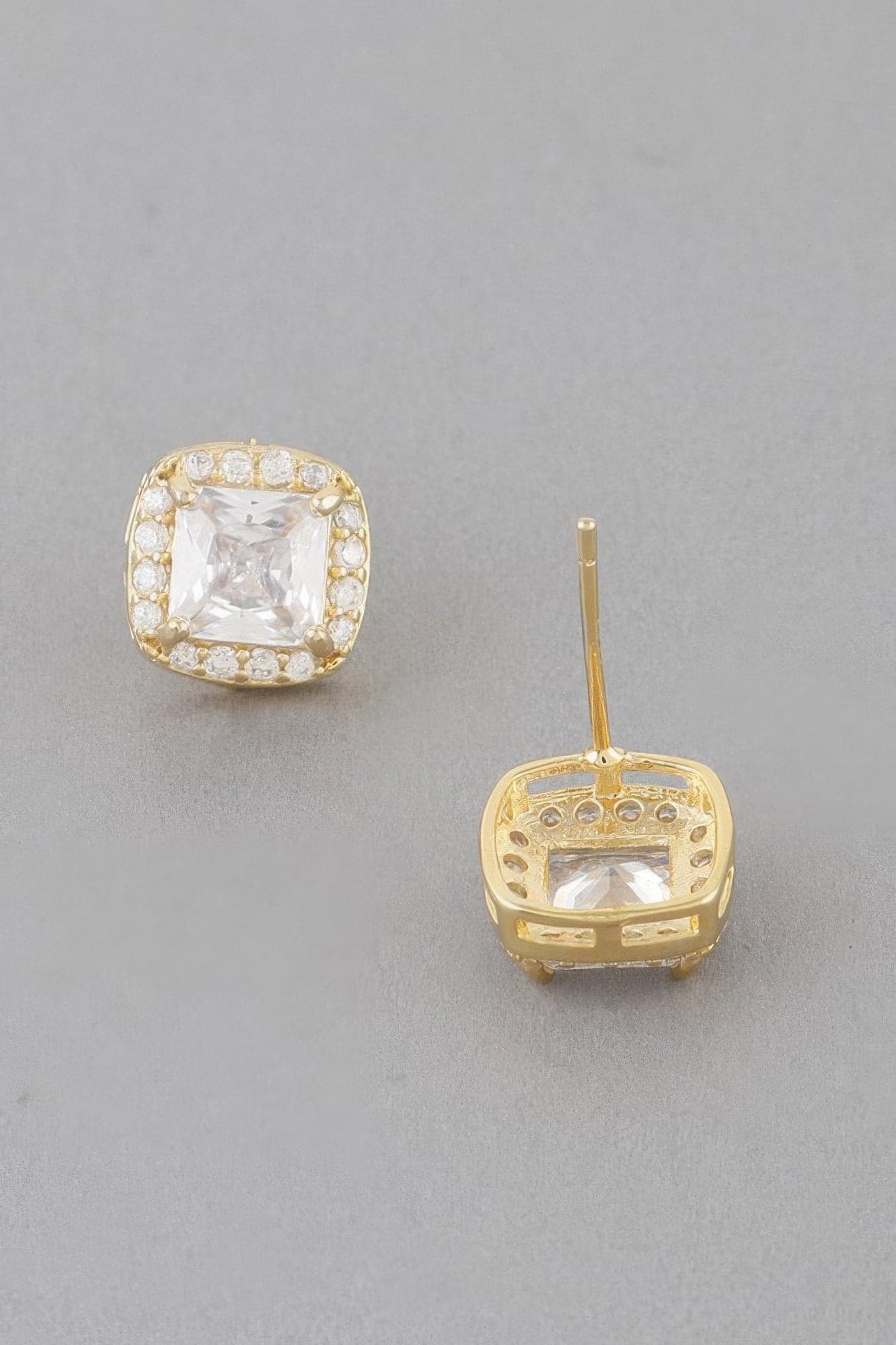 Jeweled Cubic Rhinestone Stud Earrings - Gold Clear - Thumbnail 3