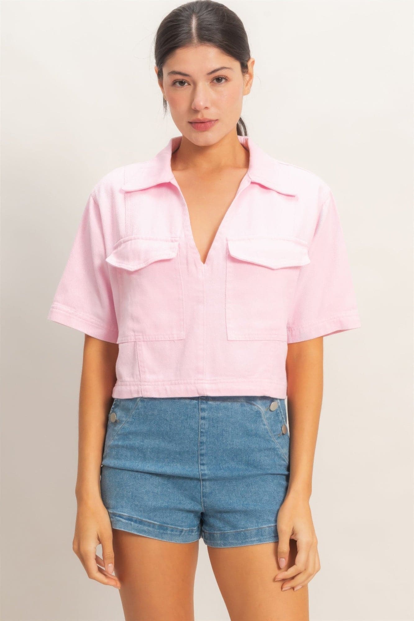 Collared V-neck Top - Black / L - Thumbnail 13