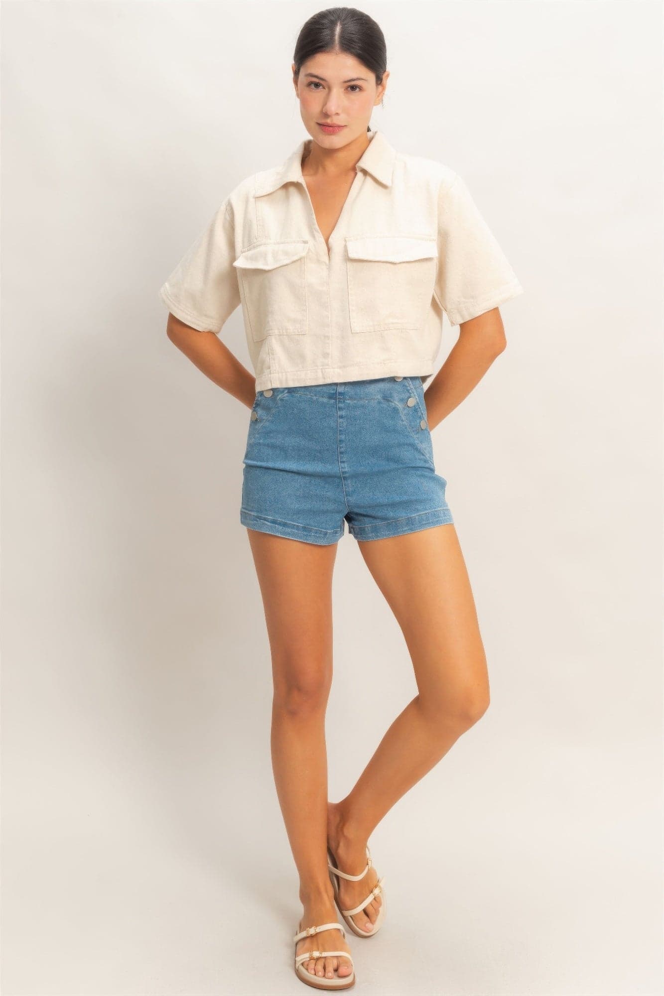 Collared V-neck Top - Oatmeal / L - Thumbnail 8