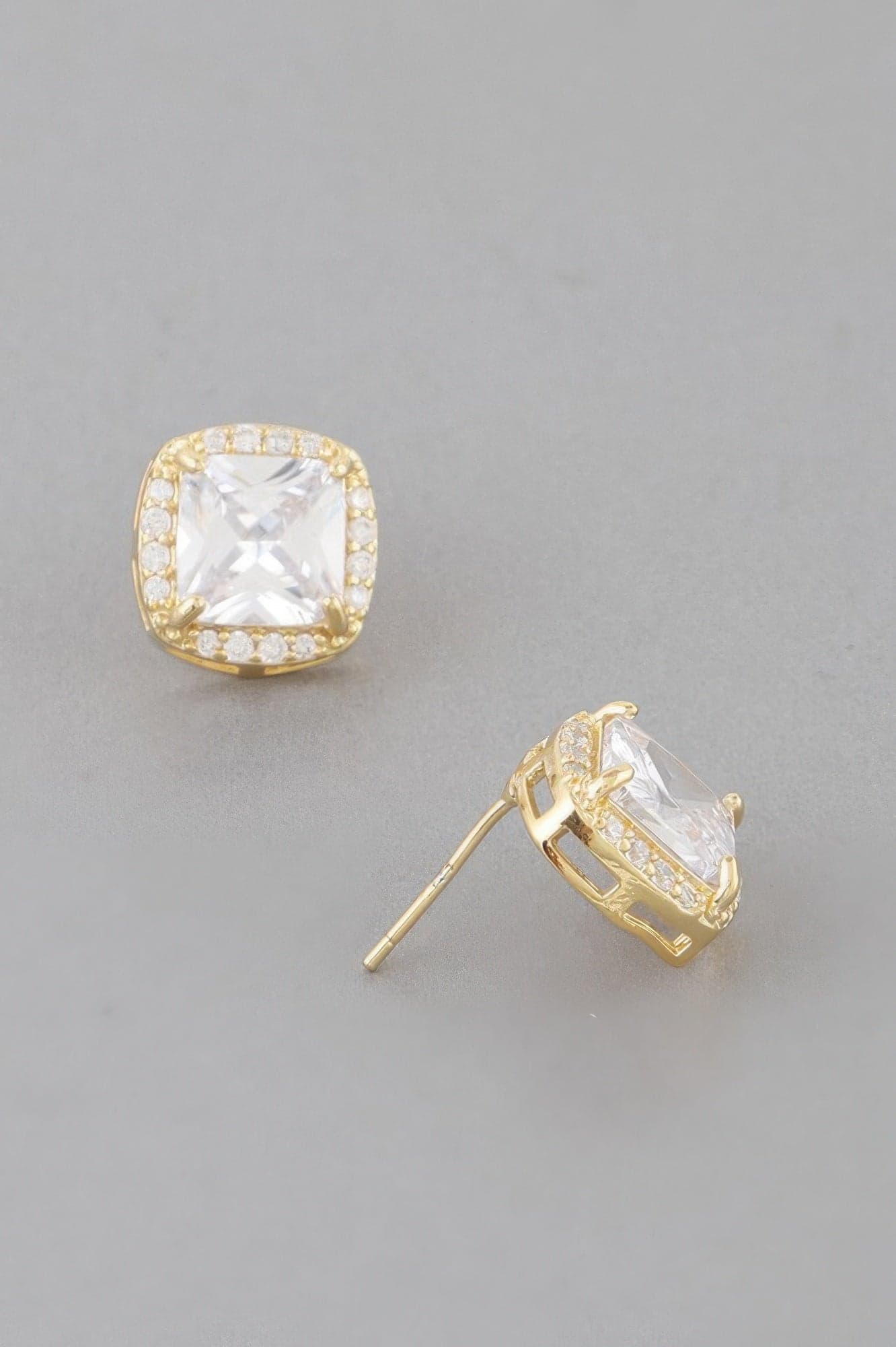 Embedded Cubic Rhinestone Stud Earrings - Gold Clear - Thumbnail 2