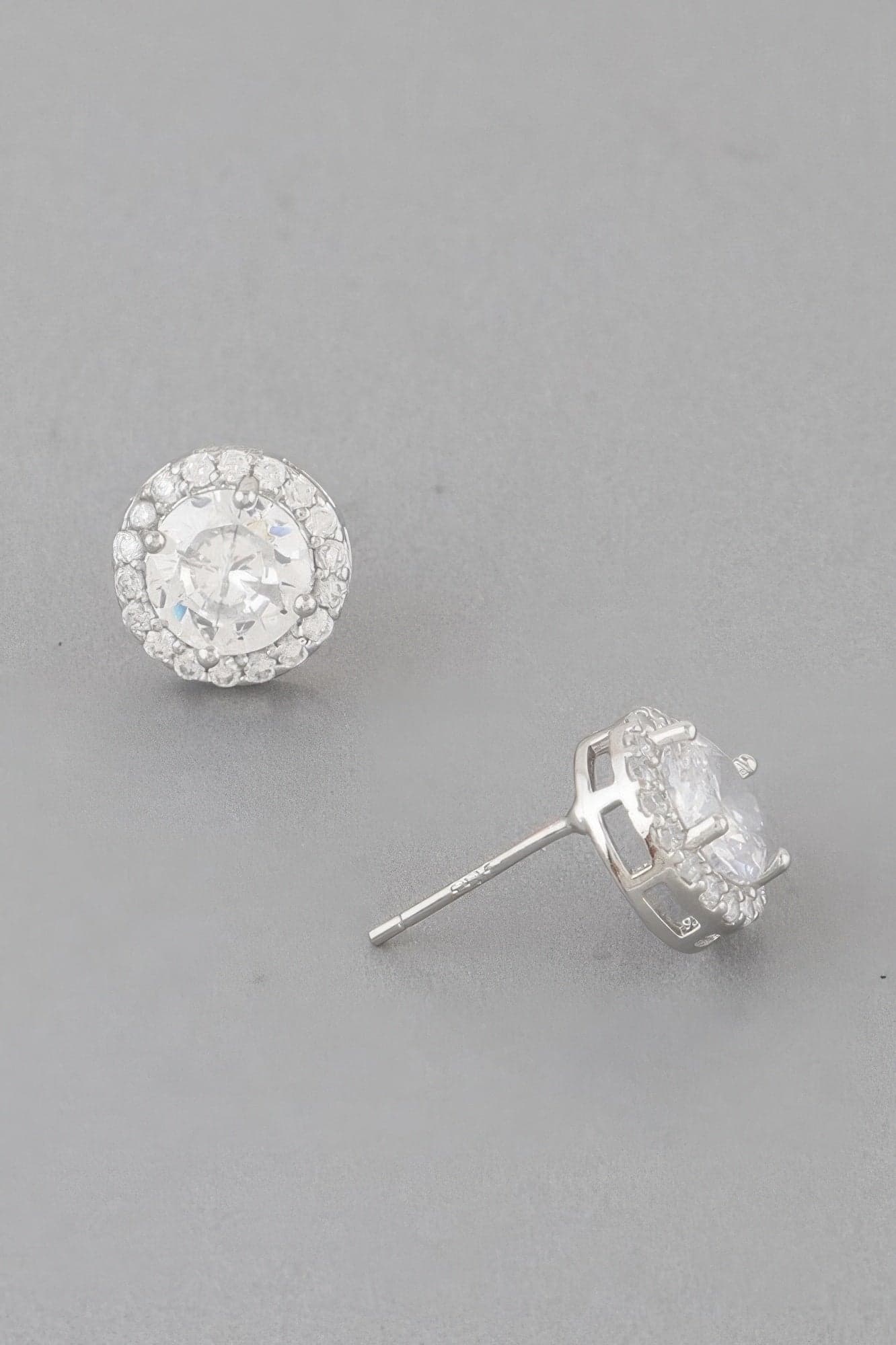 Jeweled Round Stud Earrings - Silver Clear - Thumbnail 4