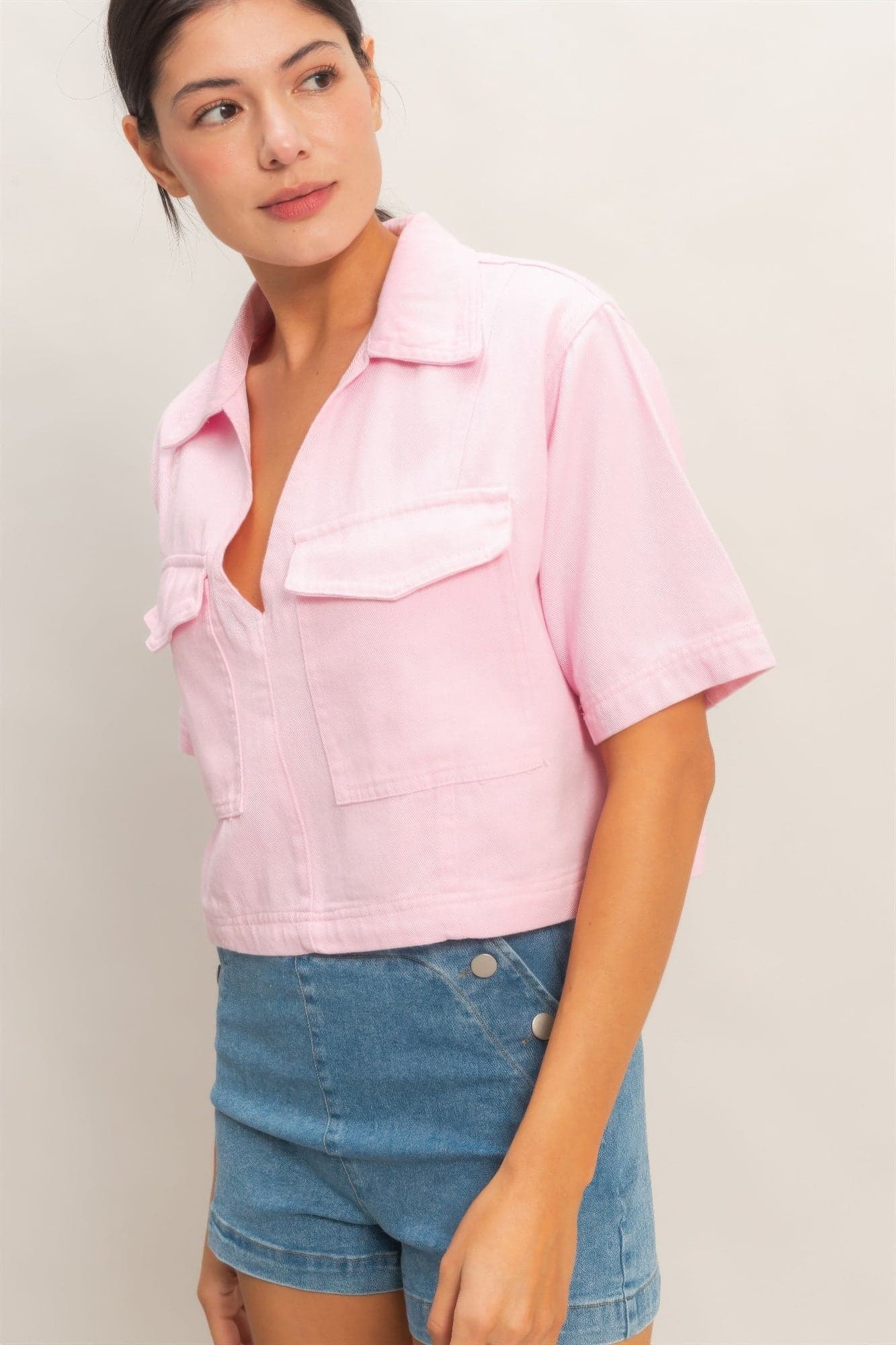 Collared V-neck Top - Light blue / M - Thumbnail 16