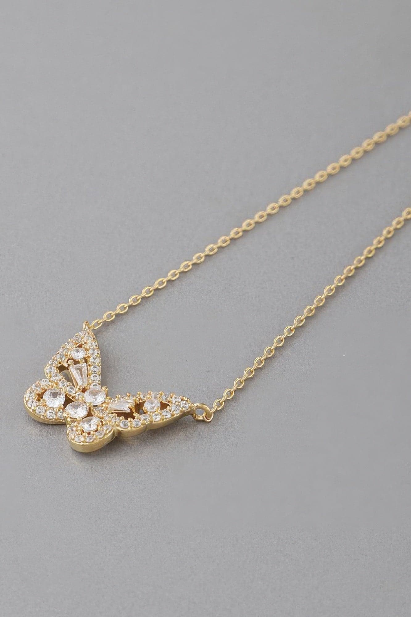 Rhinestone Butterfly Pendant Necklace - Gold Clear - Thumbnail 2