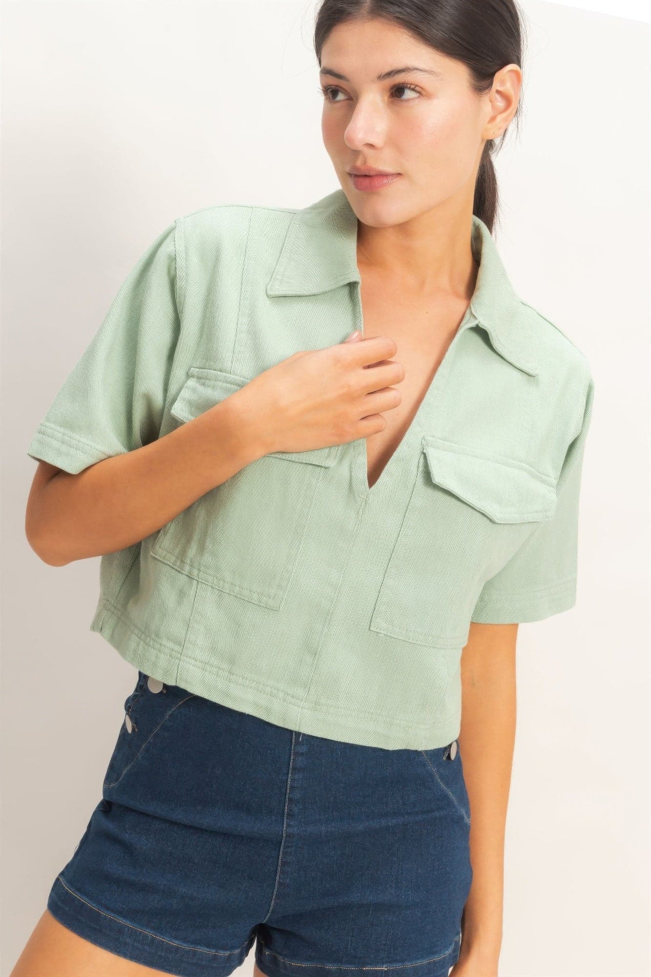 Collared V-neck Top - Light pink / L - Thumbnail 29