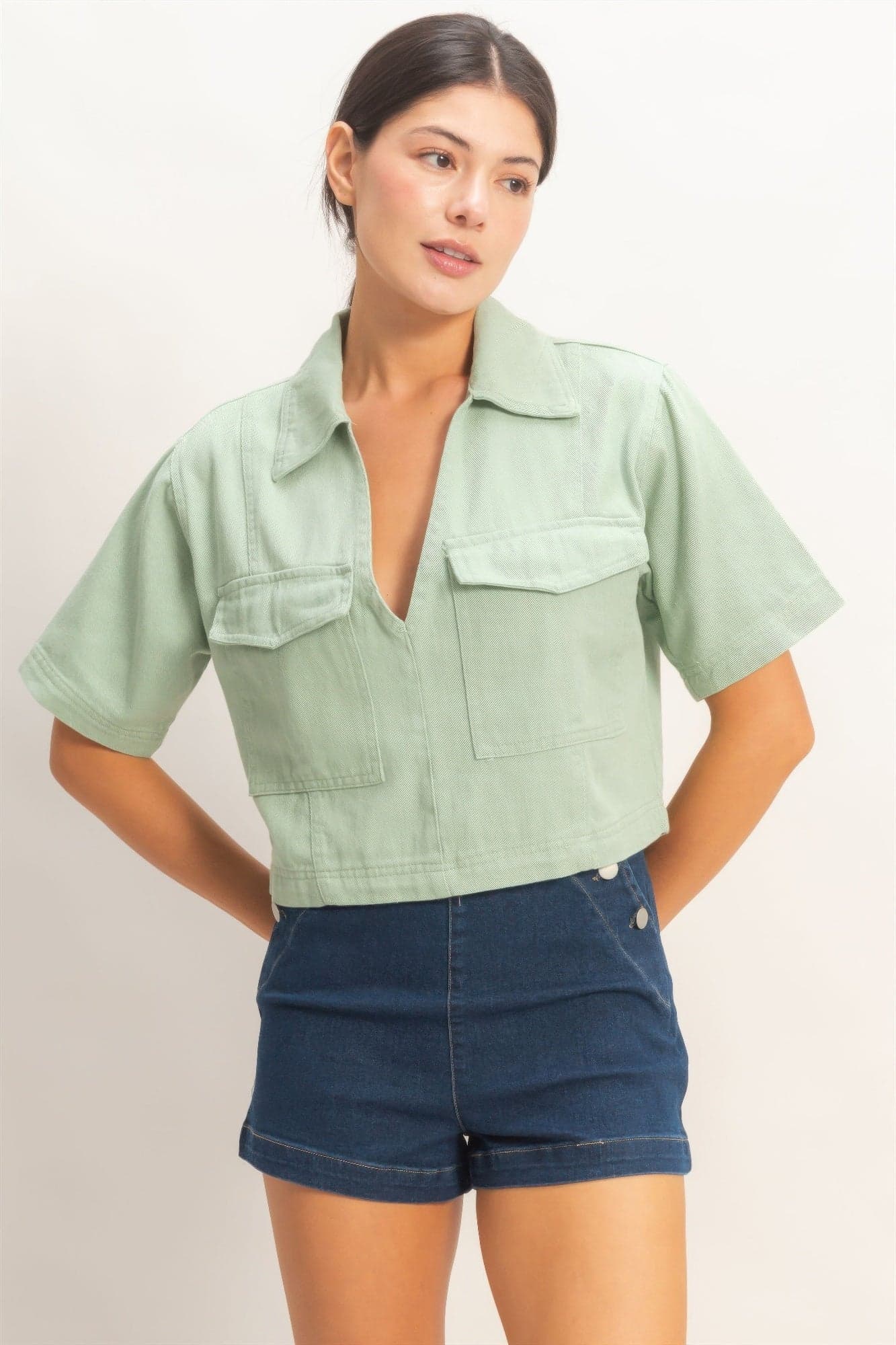 Collared V-neck Top - Oatmeal / M - Thumbnail 25