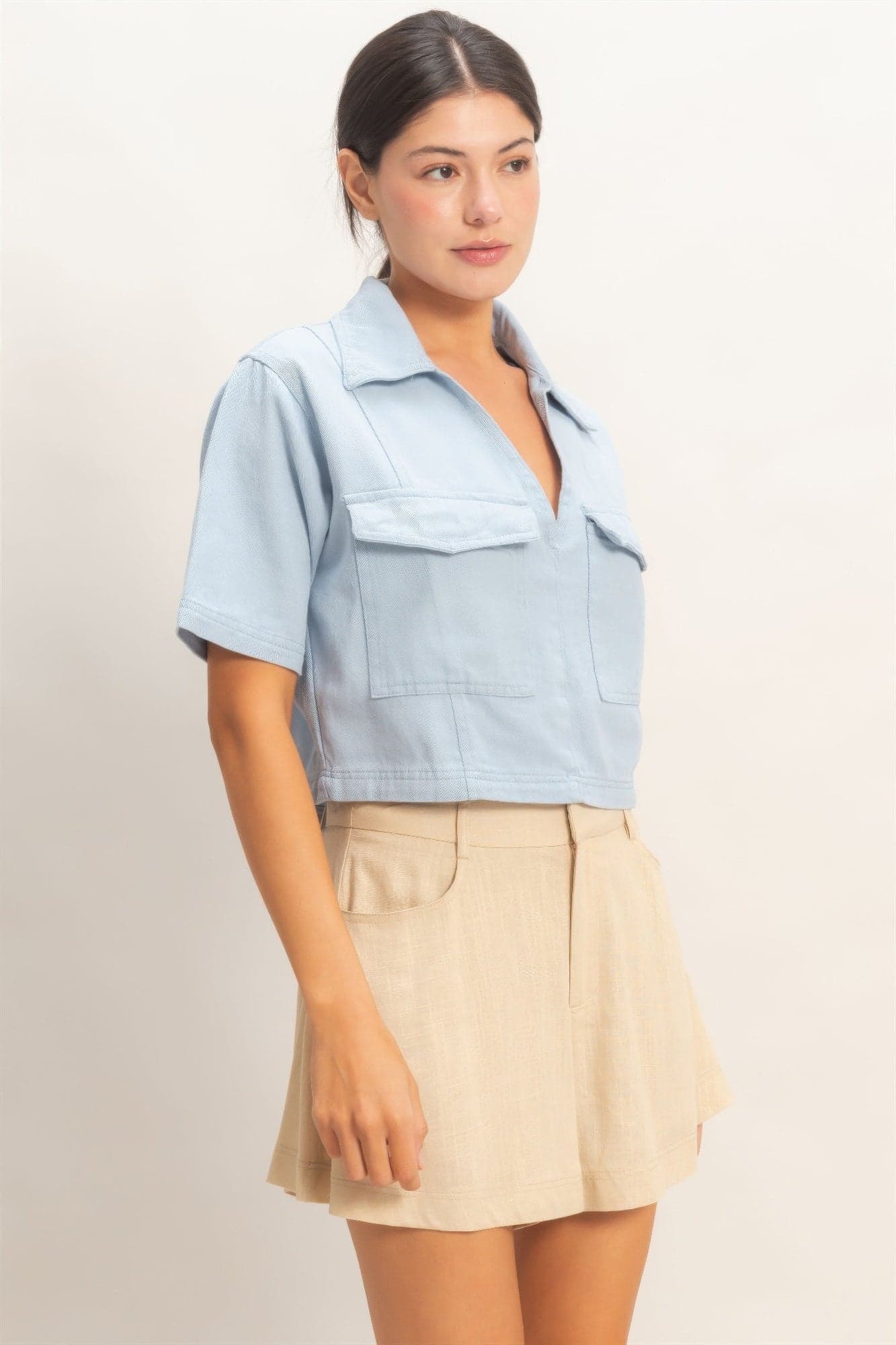 Collared V-neck Top - Oatmeal / S - Thumbnail 4