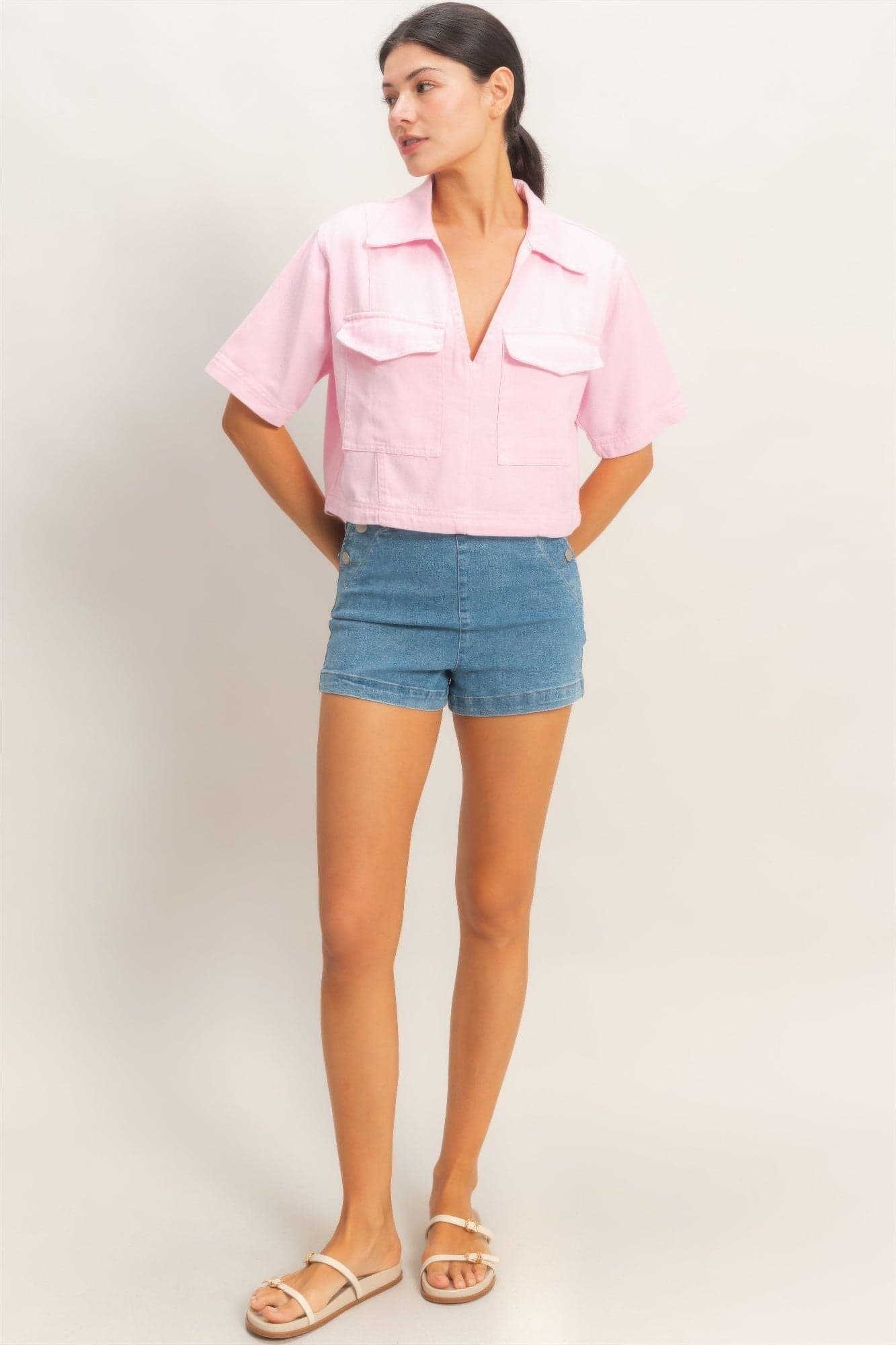 Collared V-neck Top - Oatmeal / S - Thumbnail 14