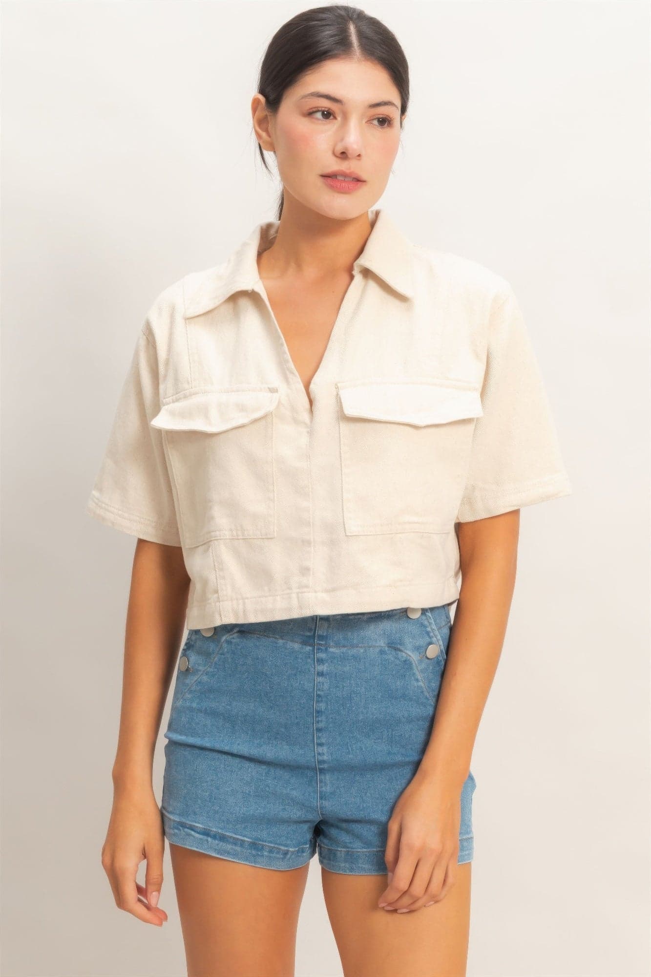 Collared V-neck Top - Oatmeal / S - Thumbnail 7