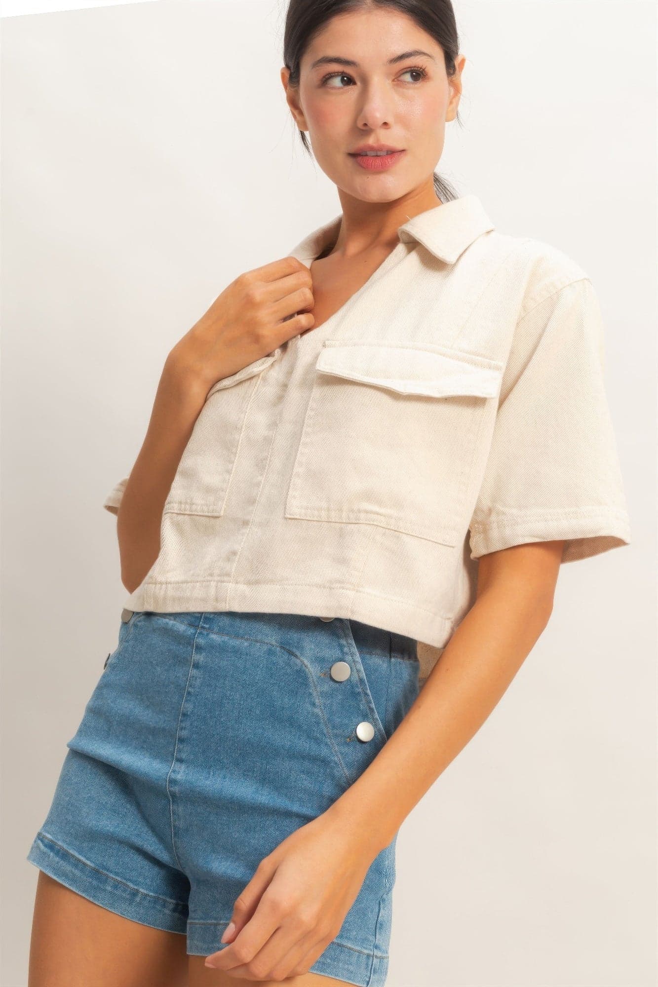 Collared V-neck Top - Light blue / M - Thumbnail 9