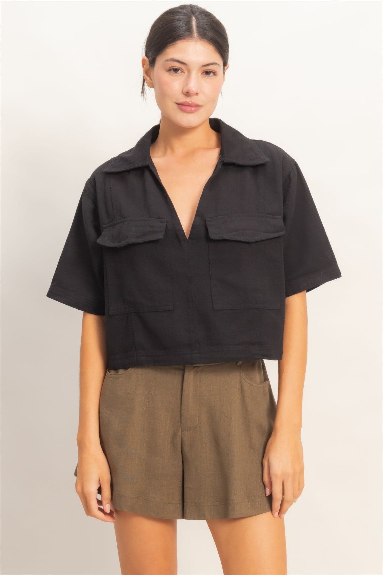 Collared V-neck Top - Light pink / S - Thumbnail 19