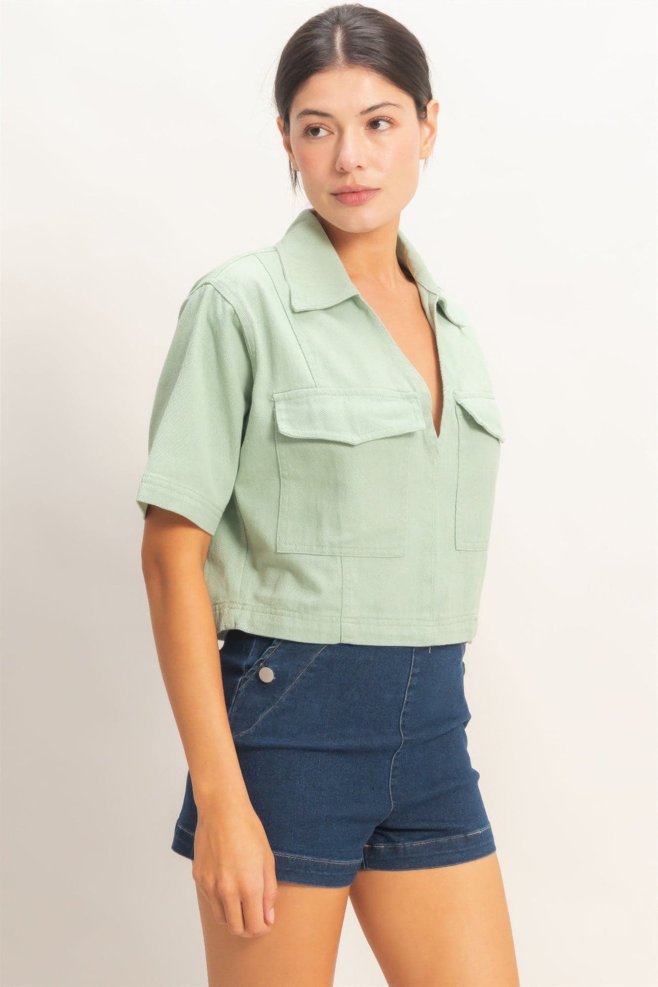 Collared V-neck Top - Sage / L - Thumbnail 27