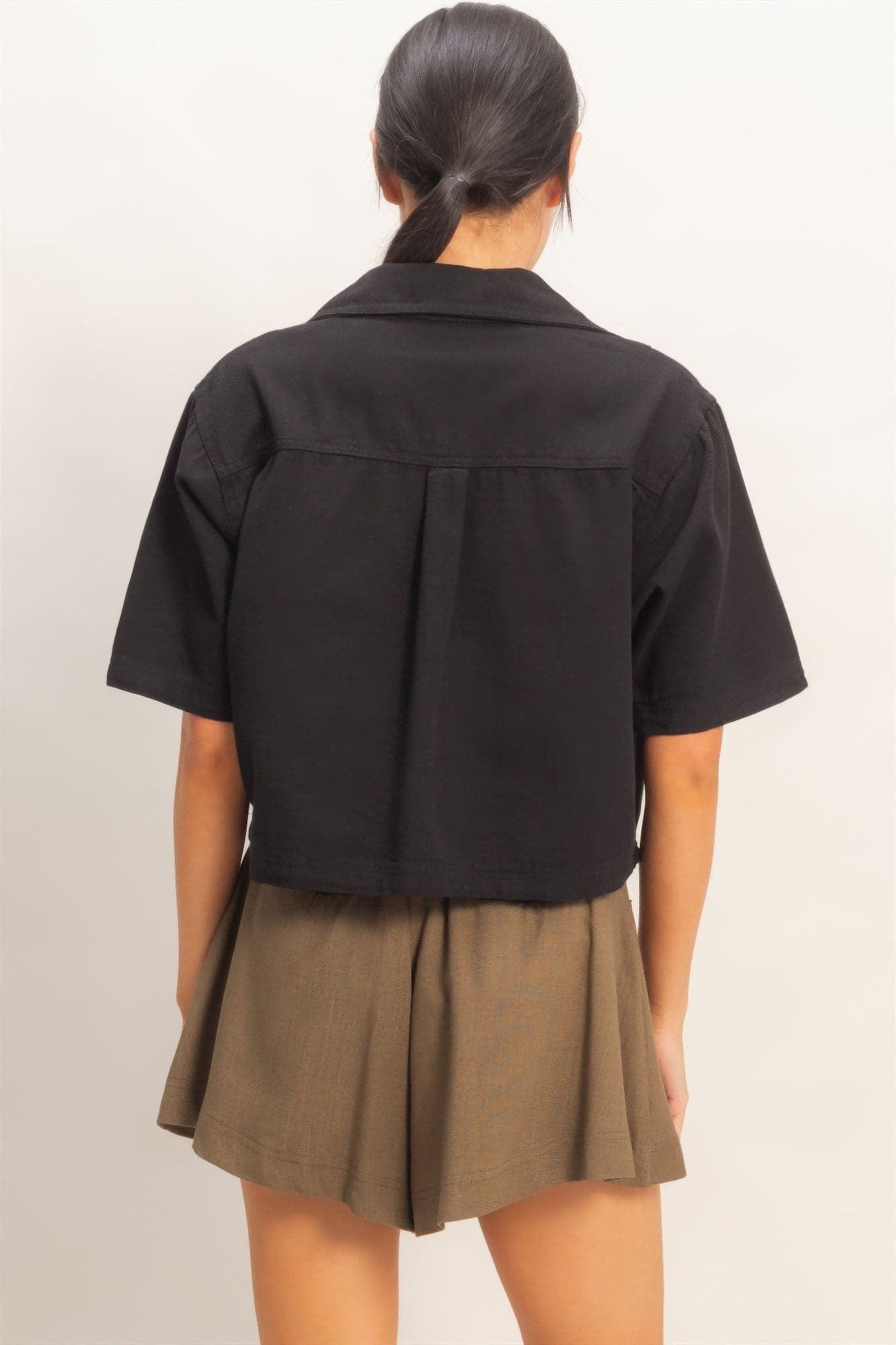 Collared V-neck Top - Black / L - Thumbnail 24