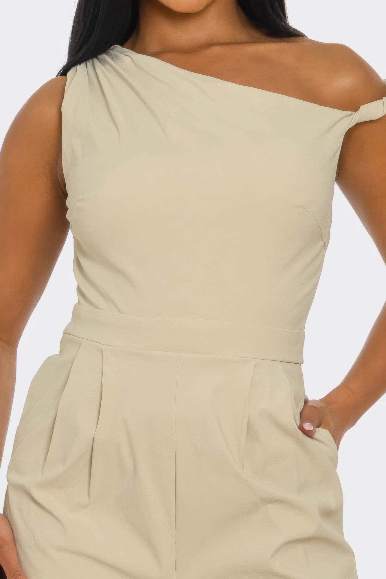 Chic Poise One-shoulder Jumpsuit - Stone / L - Thumbnail 3