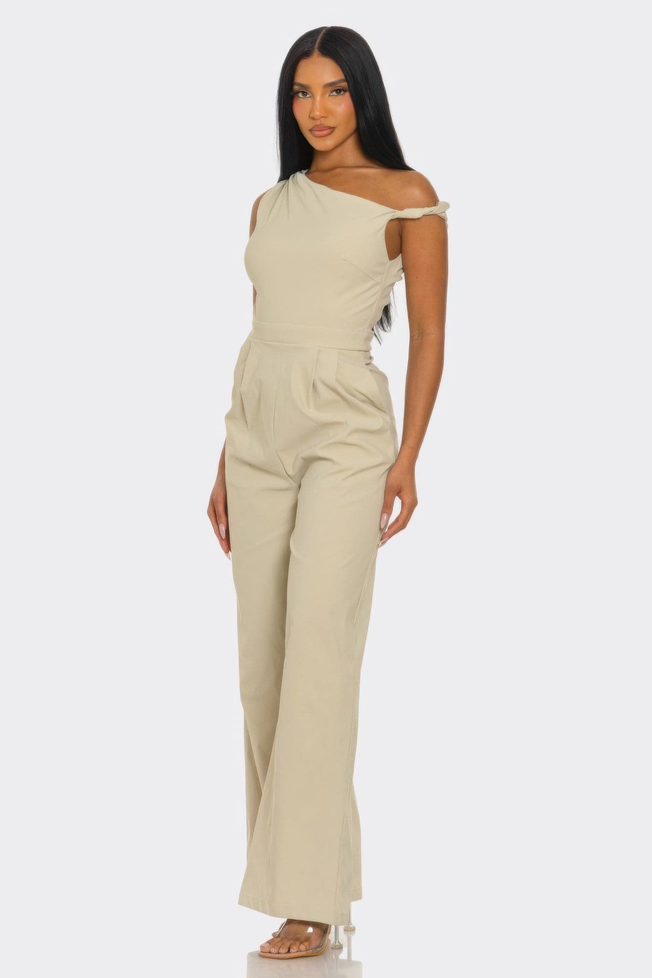Chic Poise One-shoulder Jumpsuit - Khaki / L - Thumbnail 2