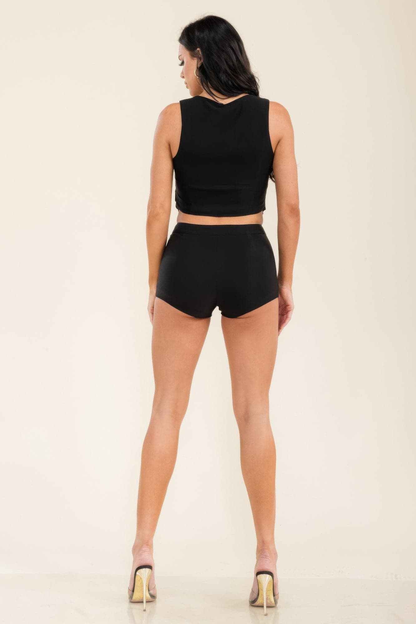 Jewel Button Vest Top And Shorts Pants Set - Black / S - Thumbnail 5