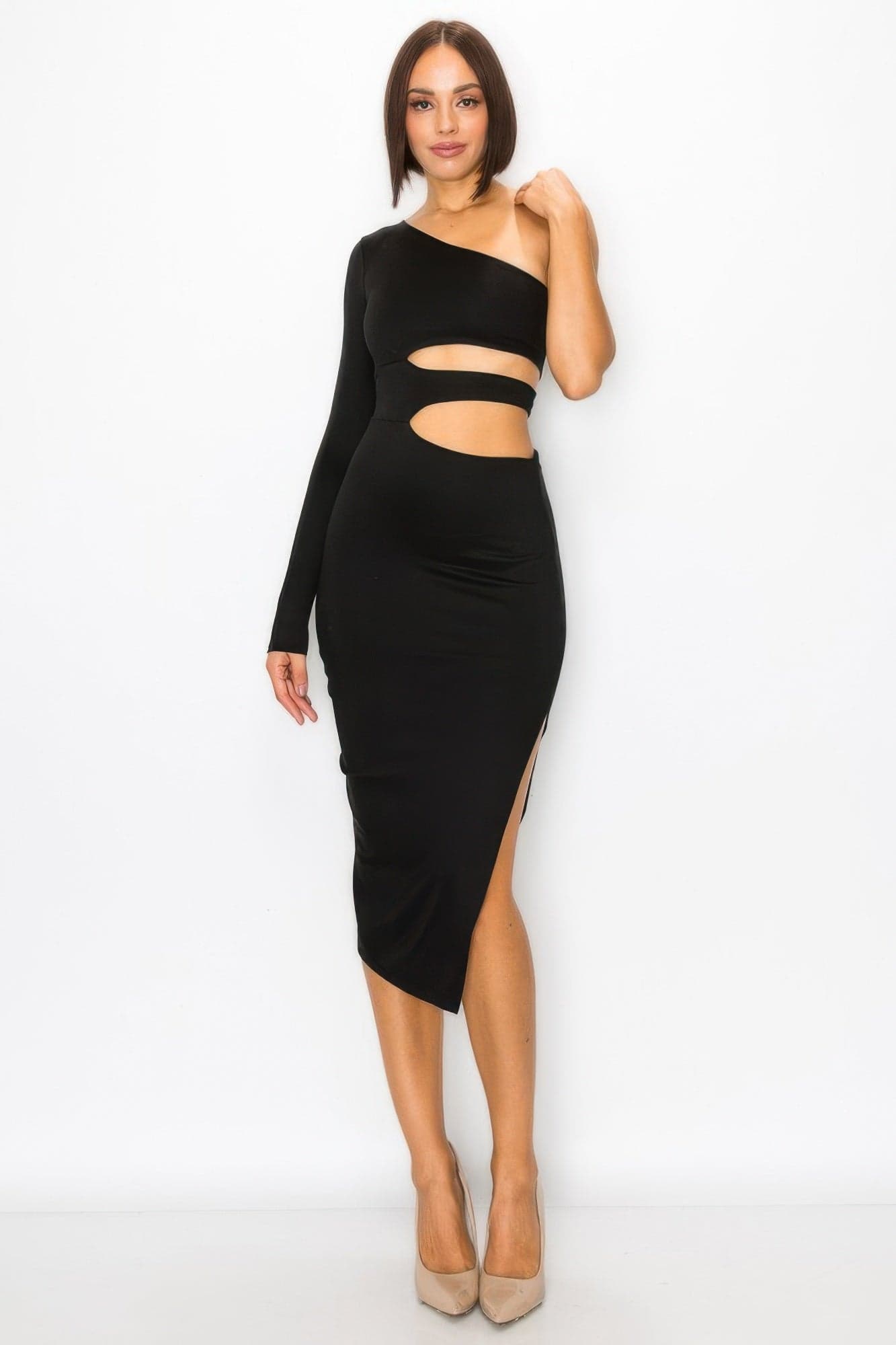 One Shoulder Maxi Dress With Waist Cut Out - Black / L - Thumbnail 7