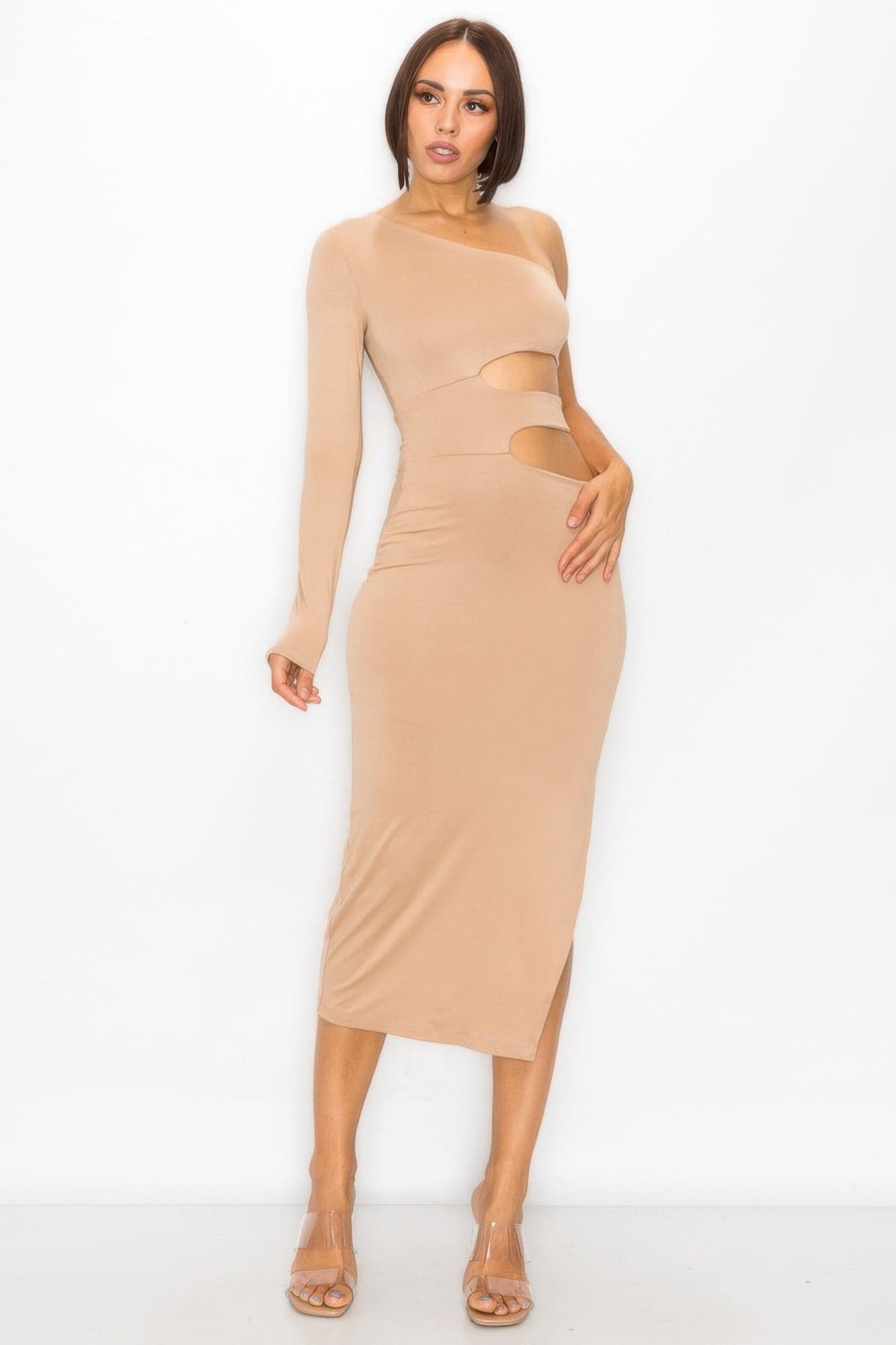 One Shoulder Maxi Dress With Waist Cut Out - Black / L - Thumbnail 2