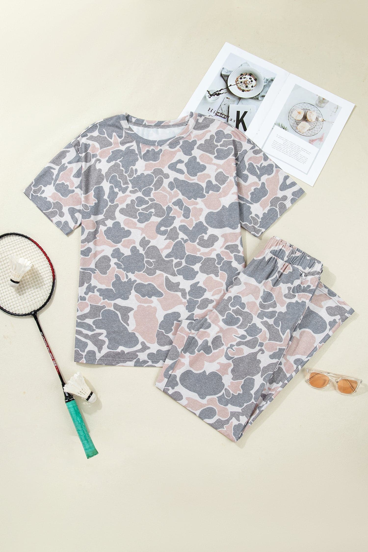 Camo Short Sleeve Top & Wide Leg Pants Set - Multicolour / L - Thumbnail 2