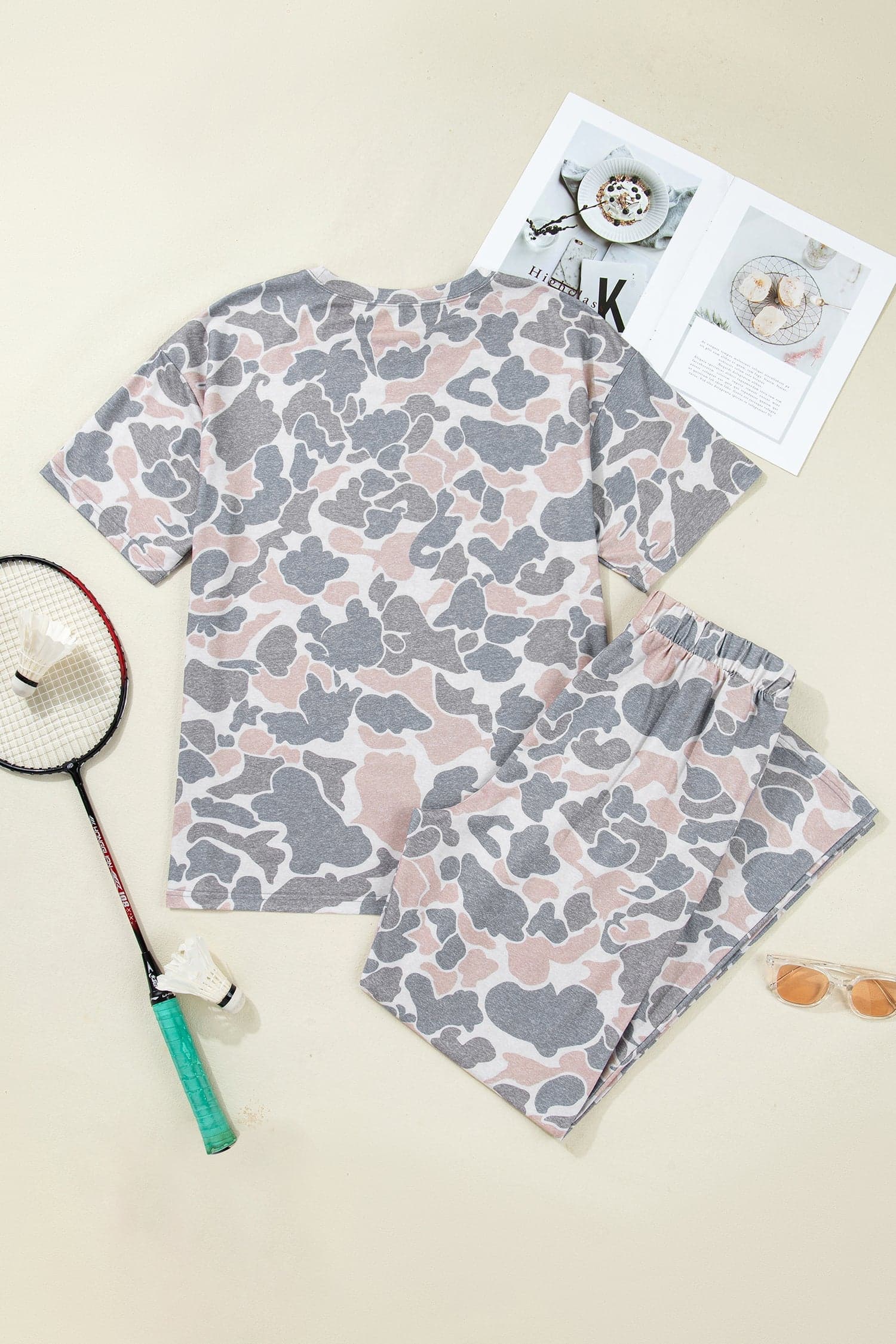 Camo Short Sleeve Top & Wide Leg Pants Set - Multicolour / M - Thumbnail 3