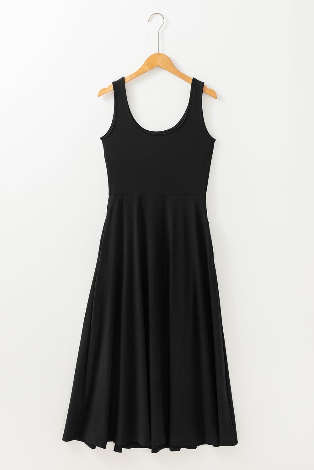 Solid Sleeveless Flared Side Slit Midi Dress - Black / L - Thumbnail 7