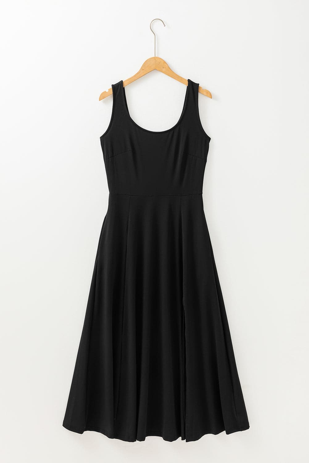 Solid Sleeveless Flared Side Slit Midi Dress - Black / L - Thumbnail 8