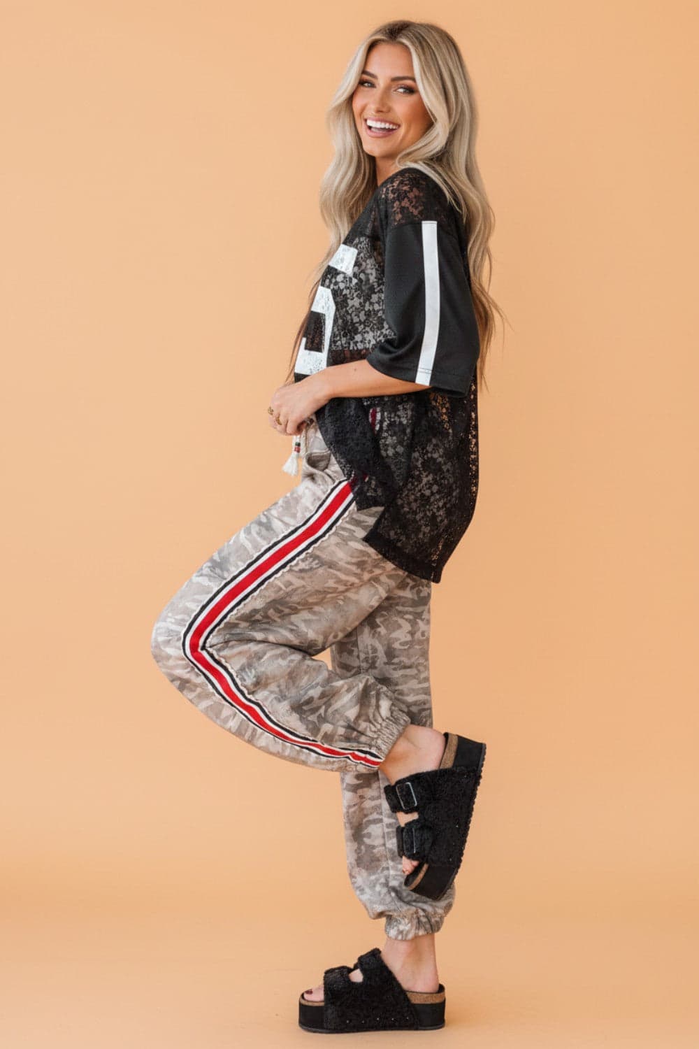 Camo Stripe Side Patchwork Drawstring Pants - Khaki / XL - Thumbnail 2
