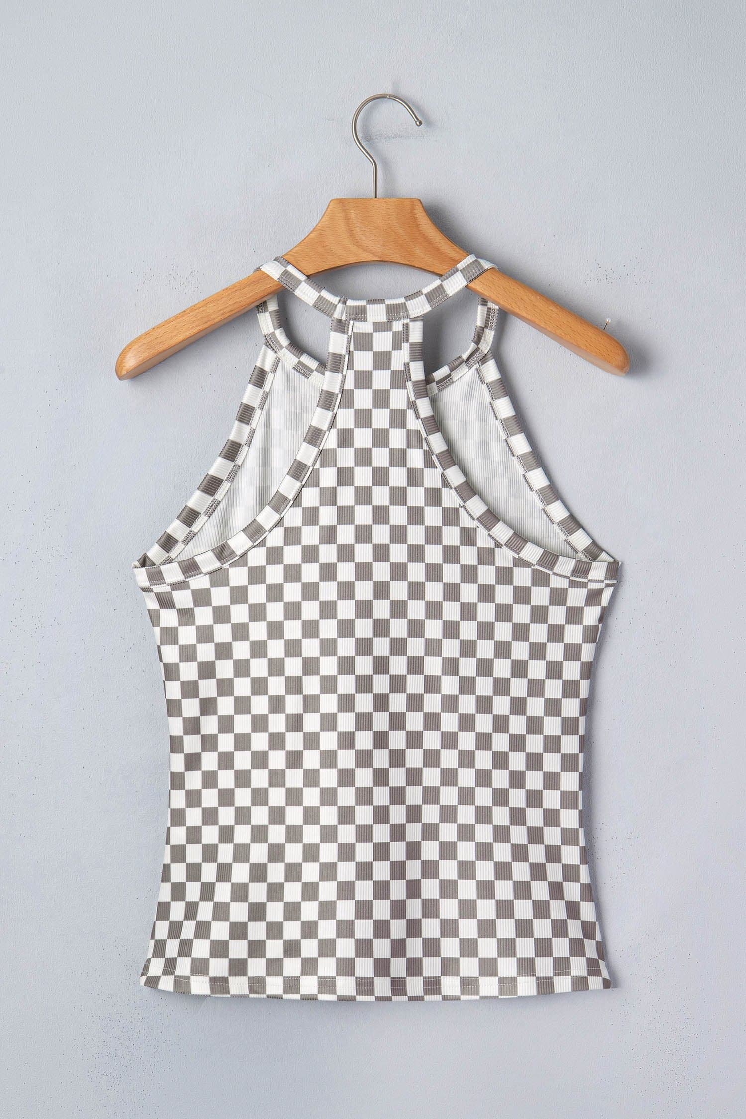 Checker Ribbed Knit Halter Tank Top - Gray / L - Thumbnail 2