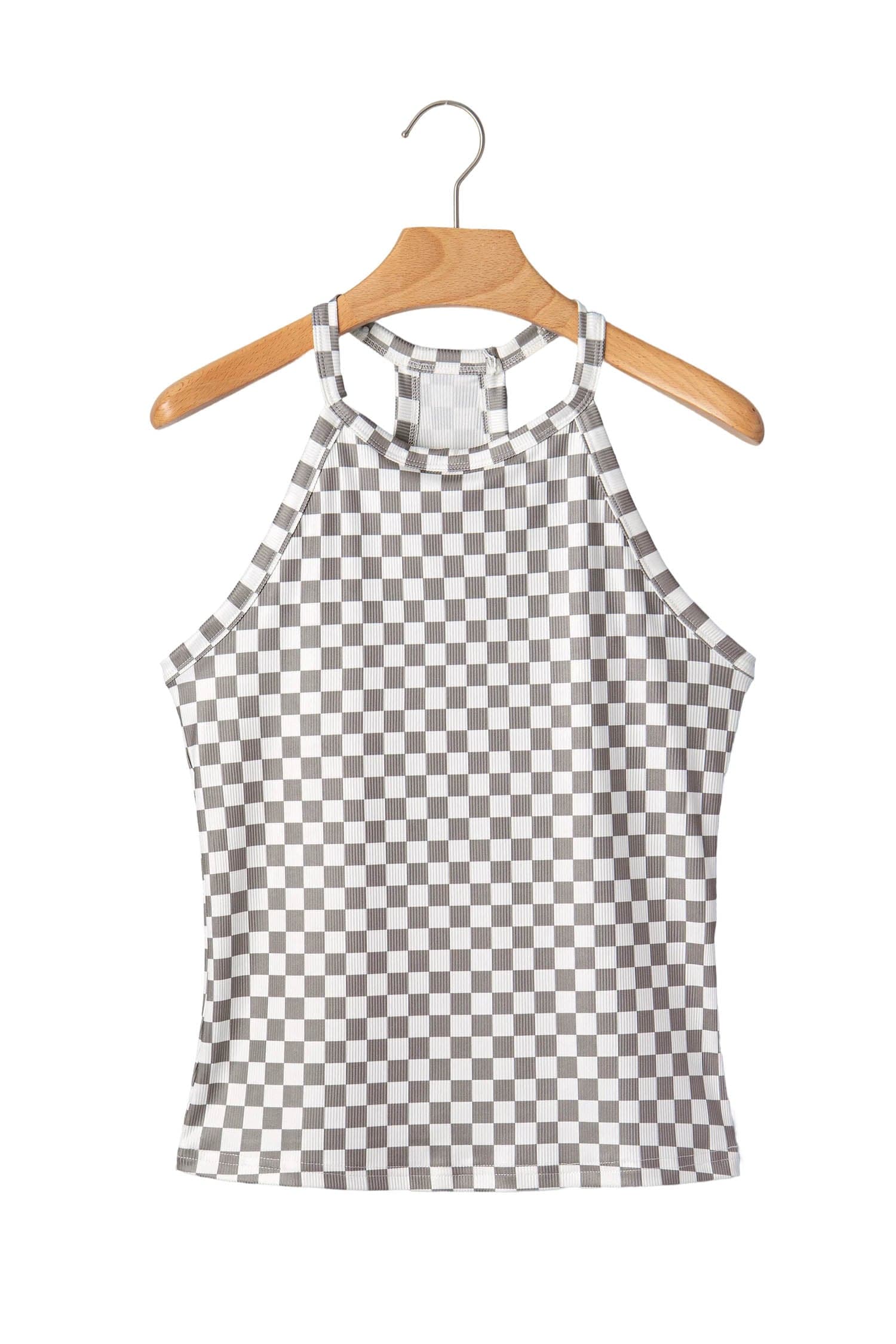 Checker Ribbed Knit Halter Tank Top - Gray / S - Thumbnail 13