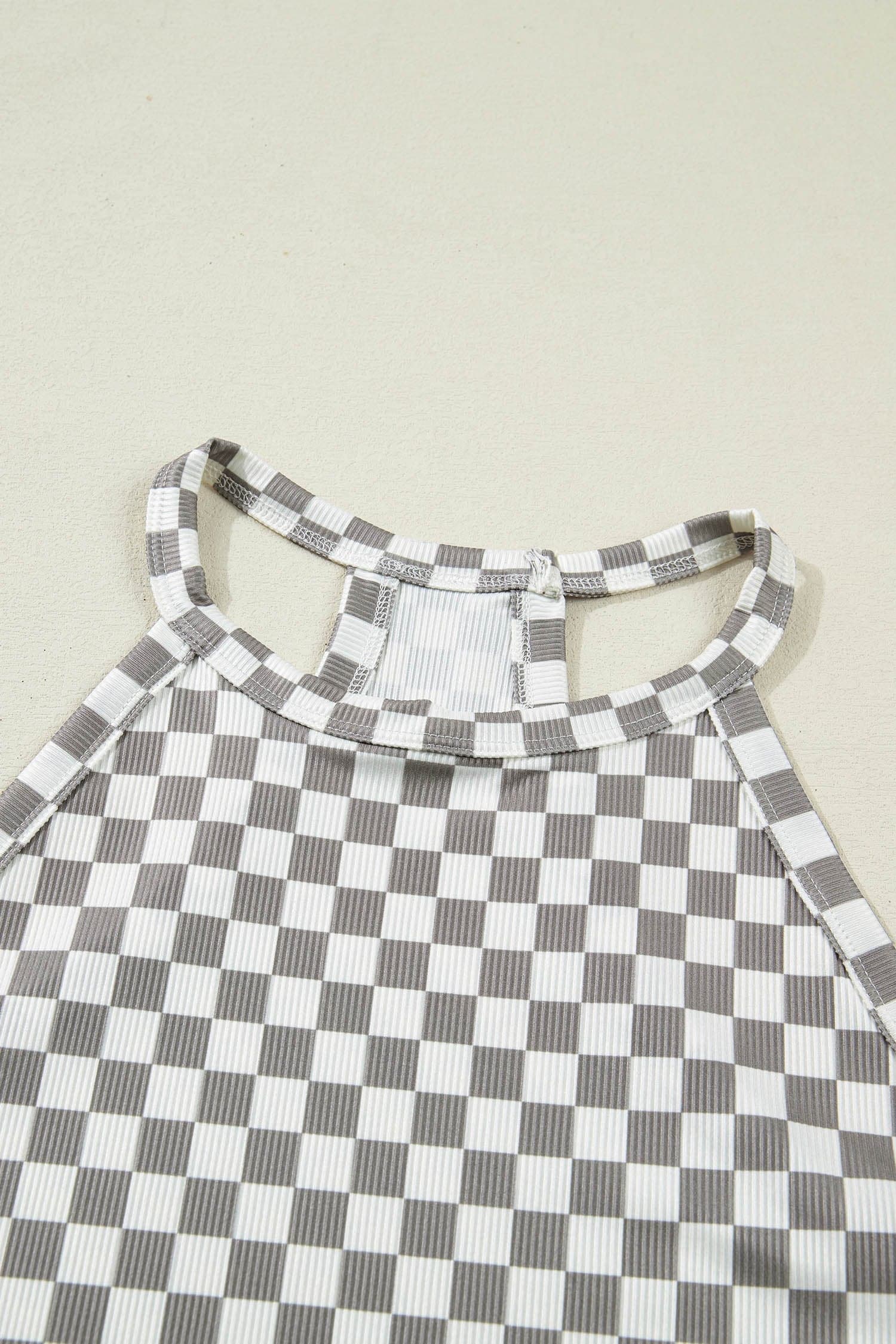 Checker Ribbed Knit Halter Tank Top - Gray / M - Thumbnail 3