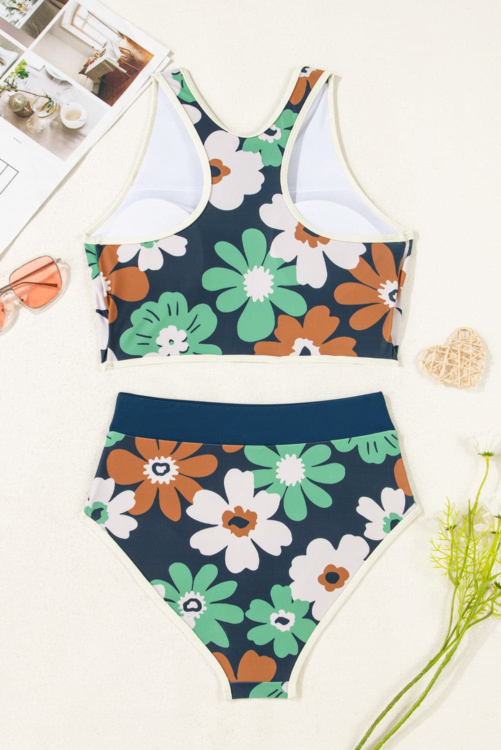 Flower Zip-Up Racerback Top & High Waist Bikini Set - Blue / S - Thumbnail 7