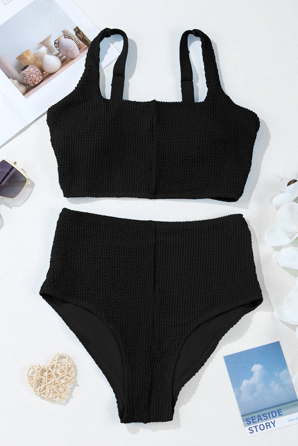 Colorblock Corded Top & High Waist Bikini Set - Pink / S - Thumbnail 10