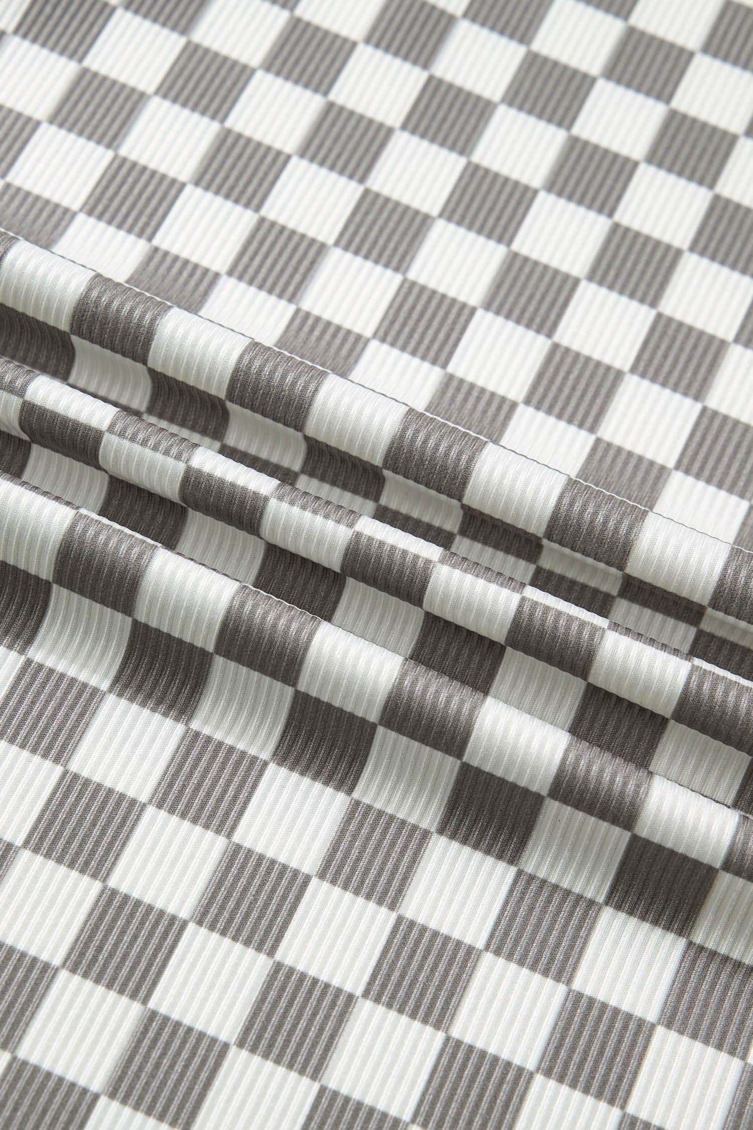 Checker Ribbed Knit Halter Tank Top - Gray / M - Thumbnail 4