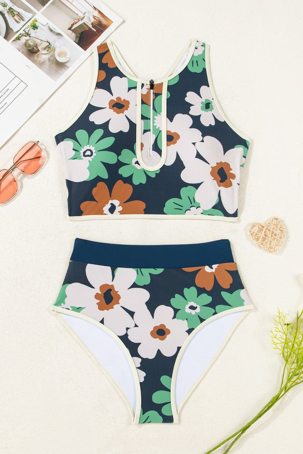 Flower Zip-Up Racerback Top & High Waist Bikini Set - Blue / S - Thumbnail 6