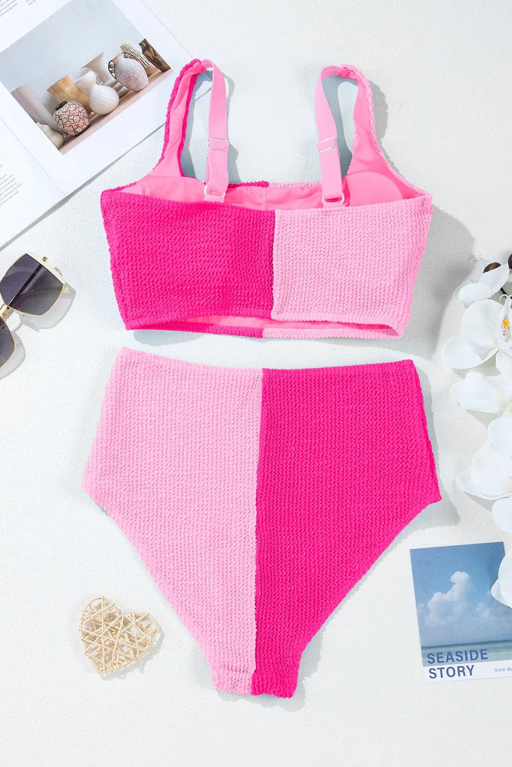 Colorblock Corded Top & High Waist Bikini Set - Pink / 2XL - Thumbnail 3