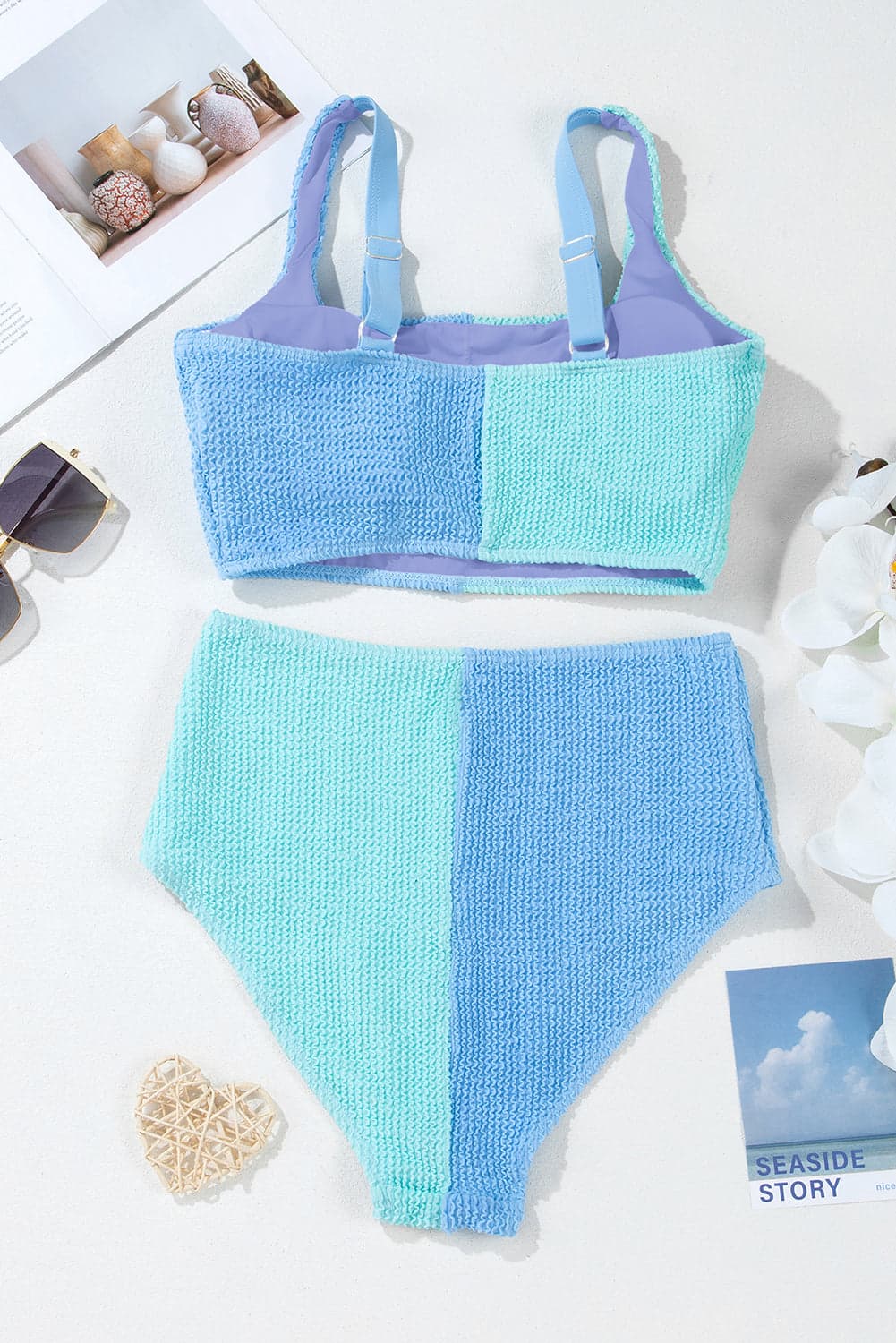 Colorblock Corded Top & High Waist Bikini Set - White / M - Thumbnail 17