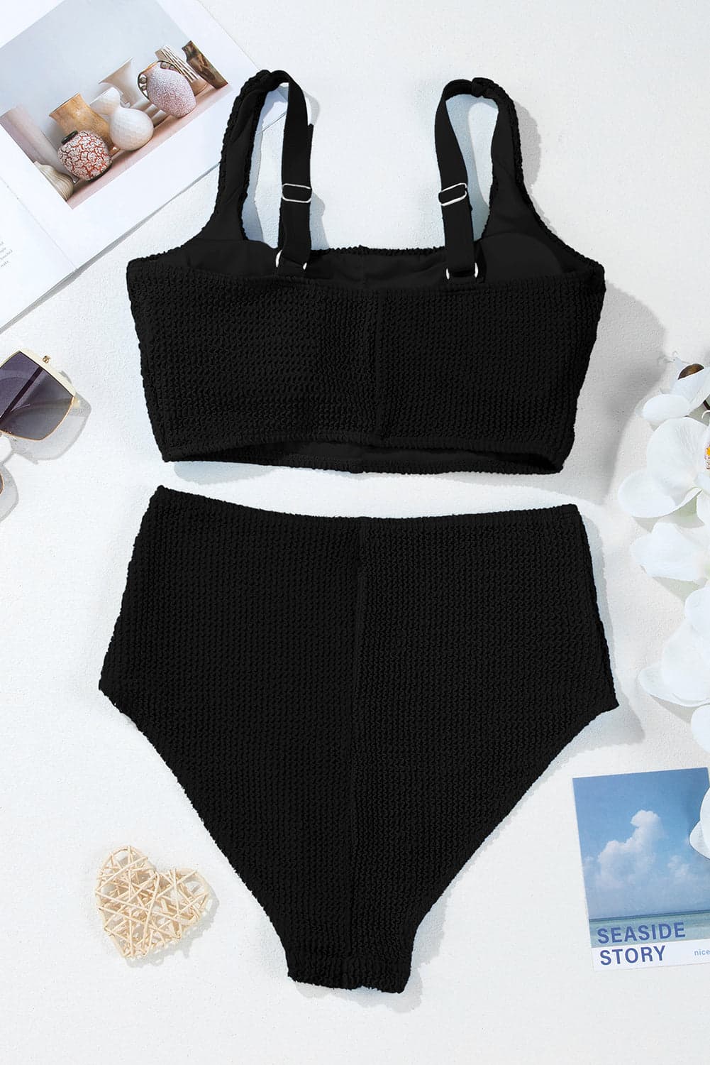Colorblock Corded Top & High Waist Bikini Set - White / L - Thumbnail 9