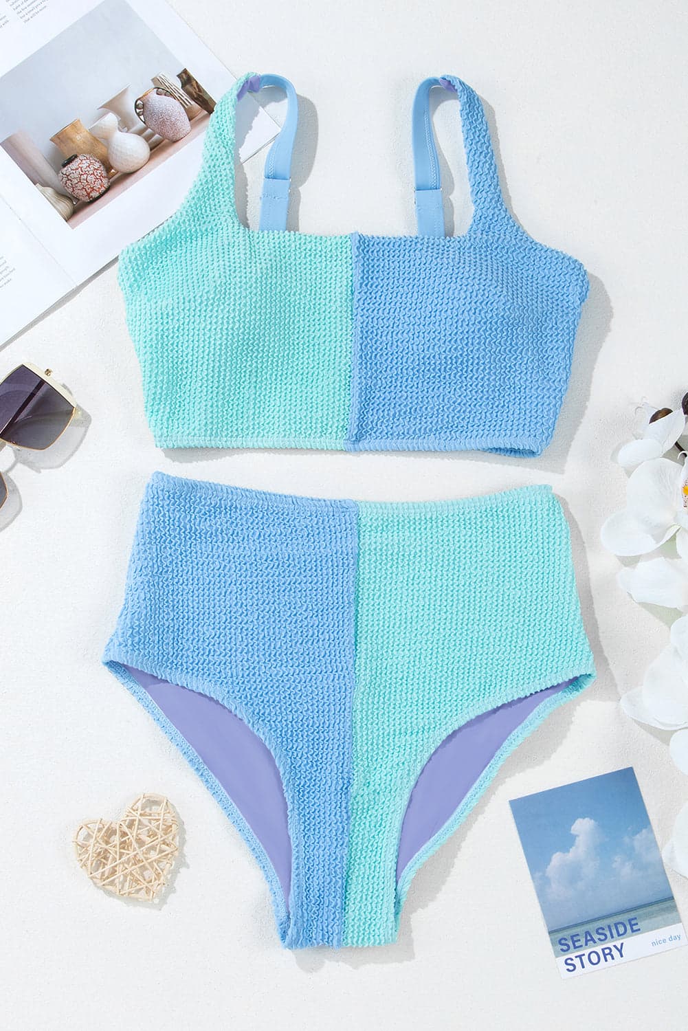 Colorblock Corded Top & High Waist Bikini Set - White / M - Thumbnail 16