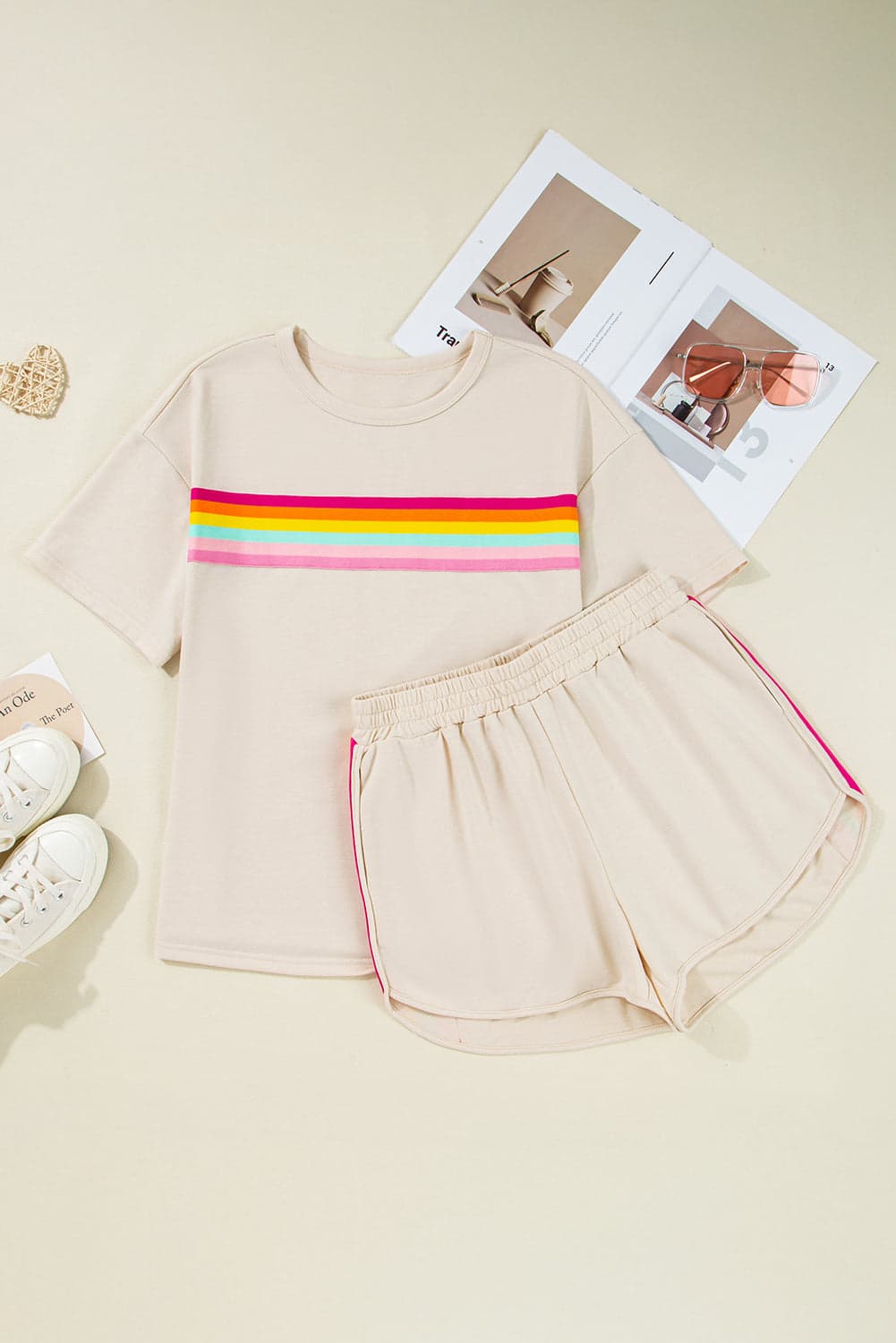 Stripe Short Sleeve Top & Shorts Athleisure Set - Rose Red / L - Thumbnail 2