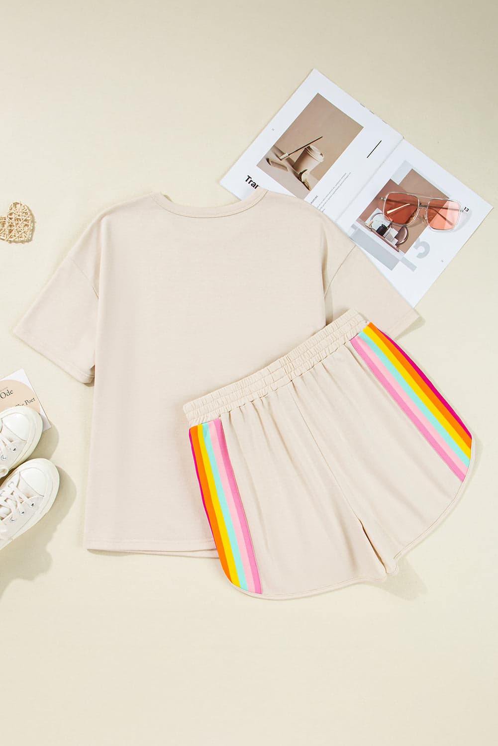 Stripe Short Sleeve Top & Shorts Athleisure Set - Beige / L - Thumbnail 3