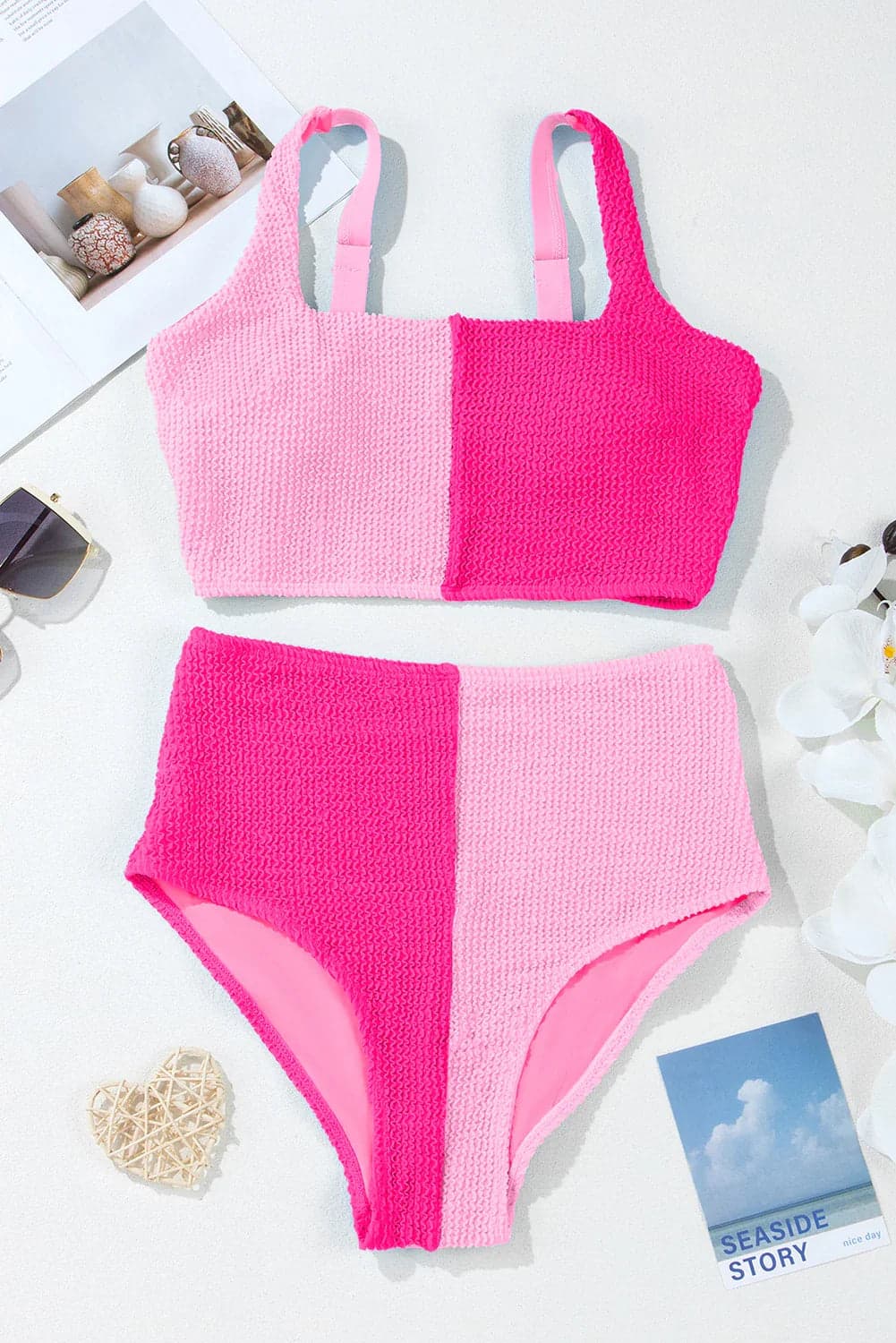 Colorblock Corded Top & High Waist Bikini Set - White / L - Thumbnail 2