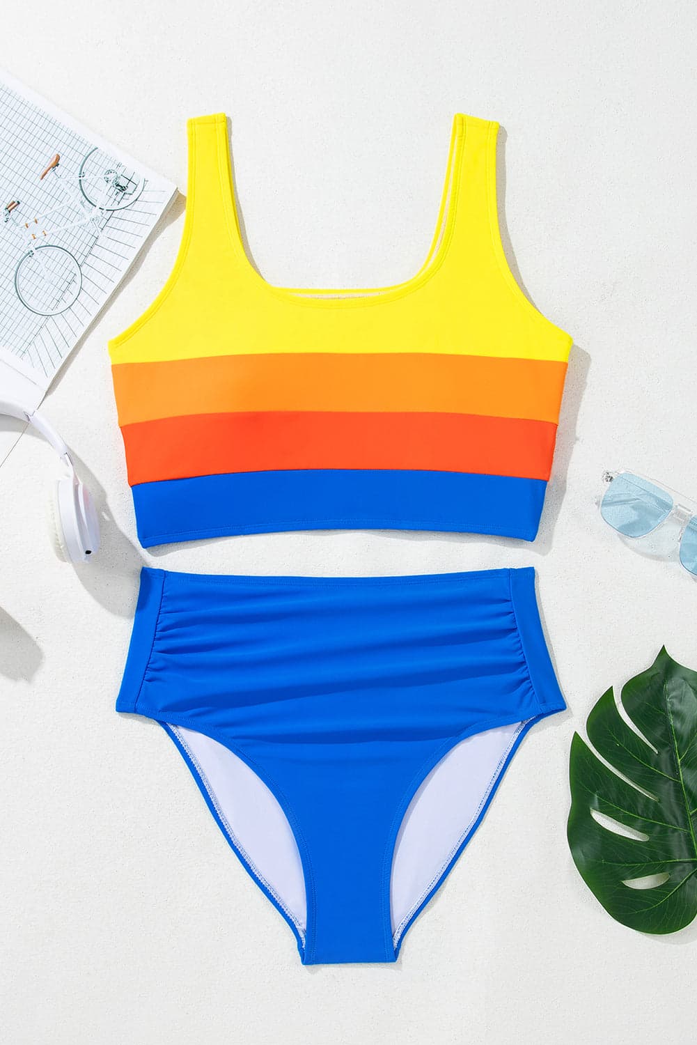 Colorblock Square Neck Top & High Waist Bikini Set - Blue / L - Thumbnail 2