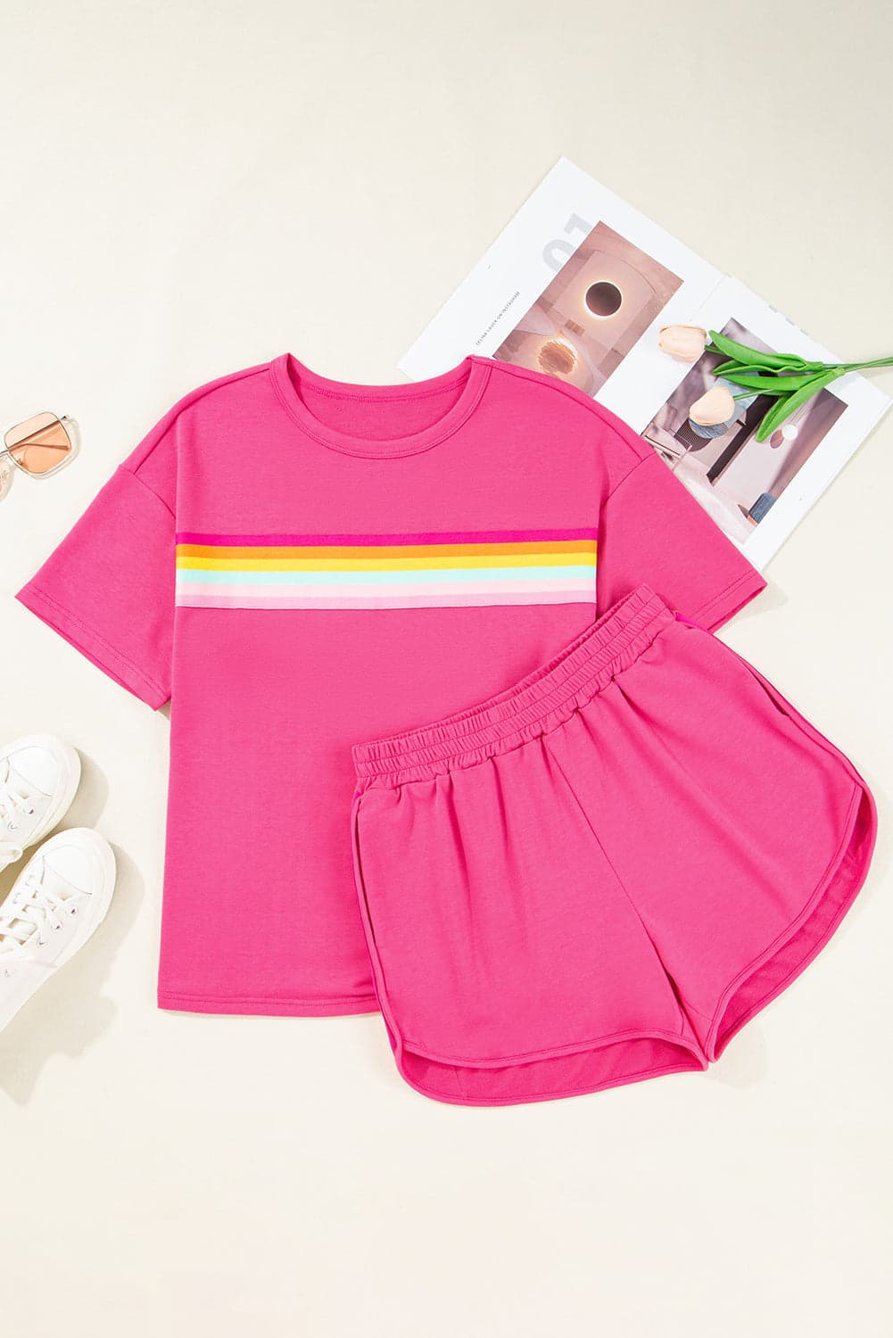 Stripe Short Sleeve Top & Shorts Athleisure Set - Rose Red / L - Thumbnail 8
